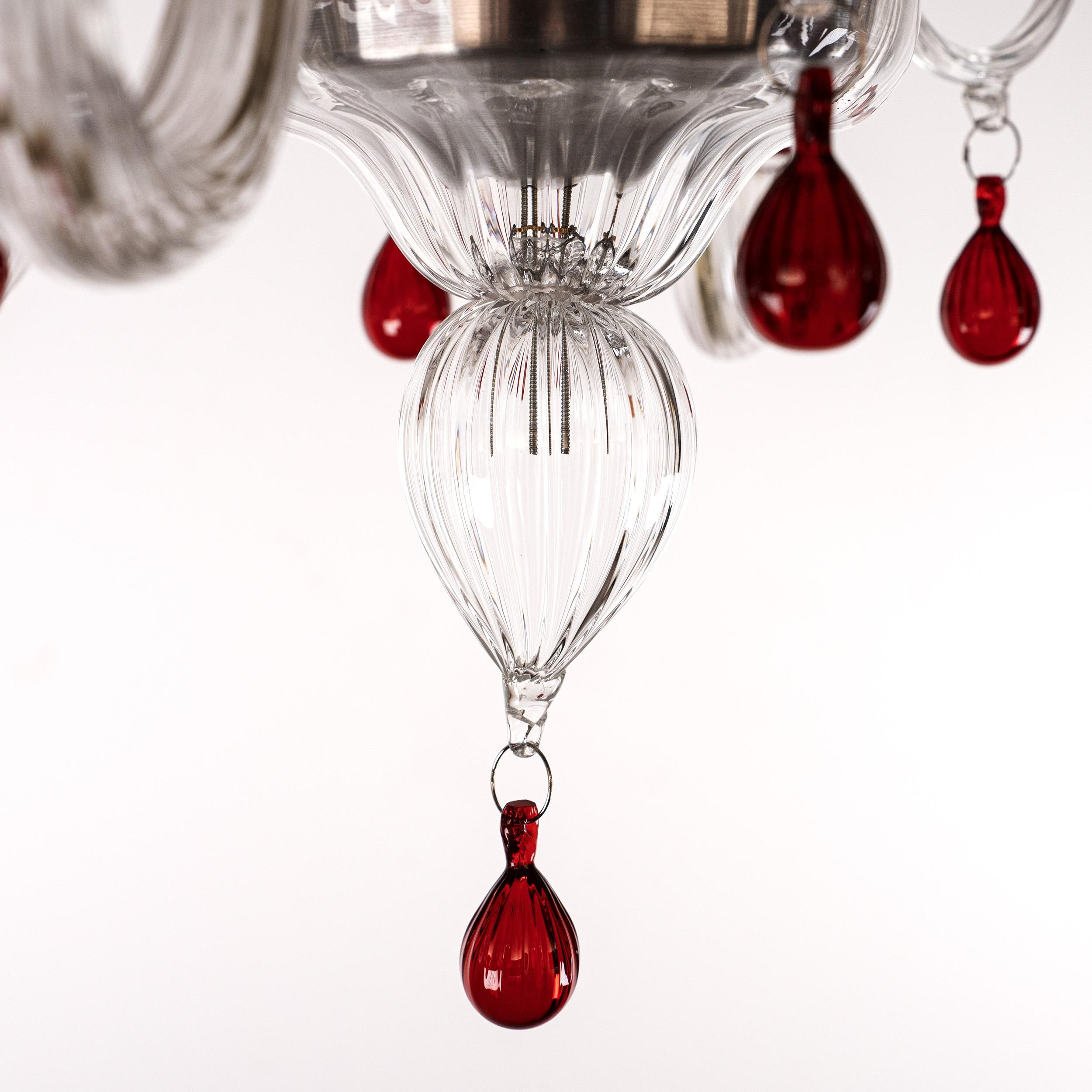Murano araña de cristal rojo y transparente 6 luces, Vintage Made in Italy en stock en venta 2