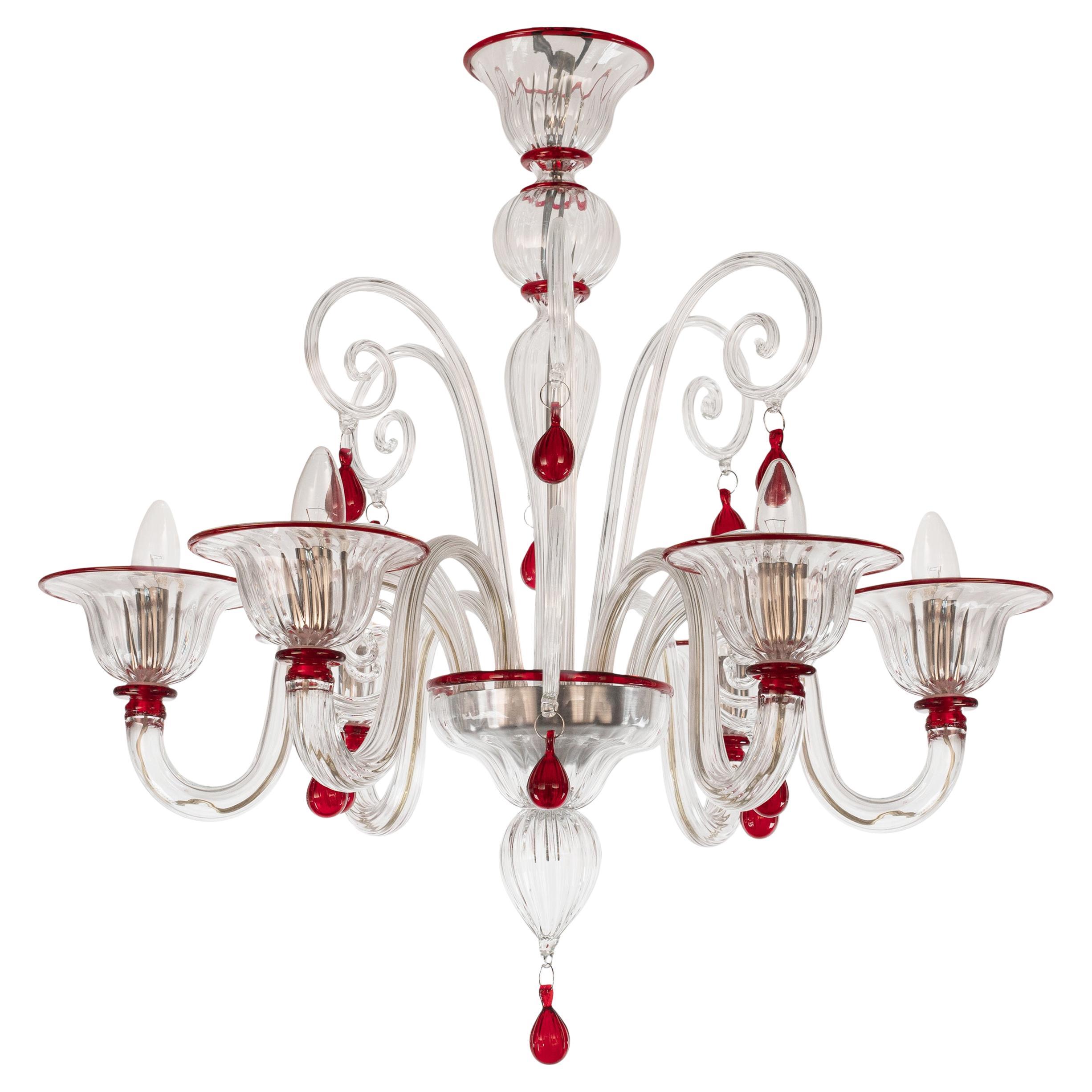 Murano araña de cristal rojo y transparente 6 luces, Vintage Made in Italy en stock