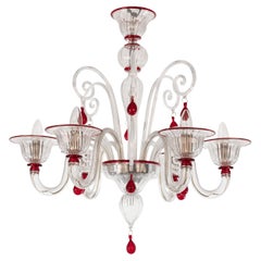 Murano araña de cristal rojo y transparente 6 luces, Vintage Made in Italy en stock