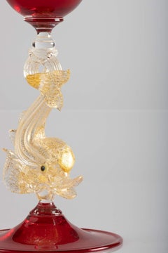 Murano Red and Gold Paste Dolphin Decorated Wine Glass, Italy, circa 1970