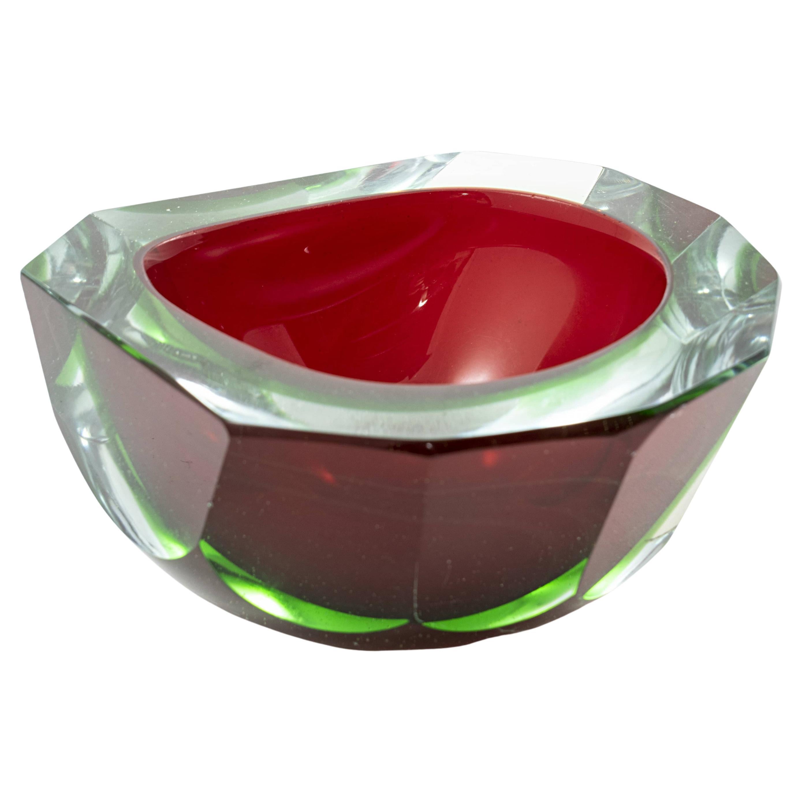 Murano Red and Green "Sommerso" Glass Ashtray or Bowl For Sale