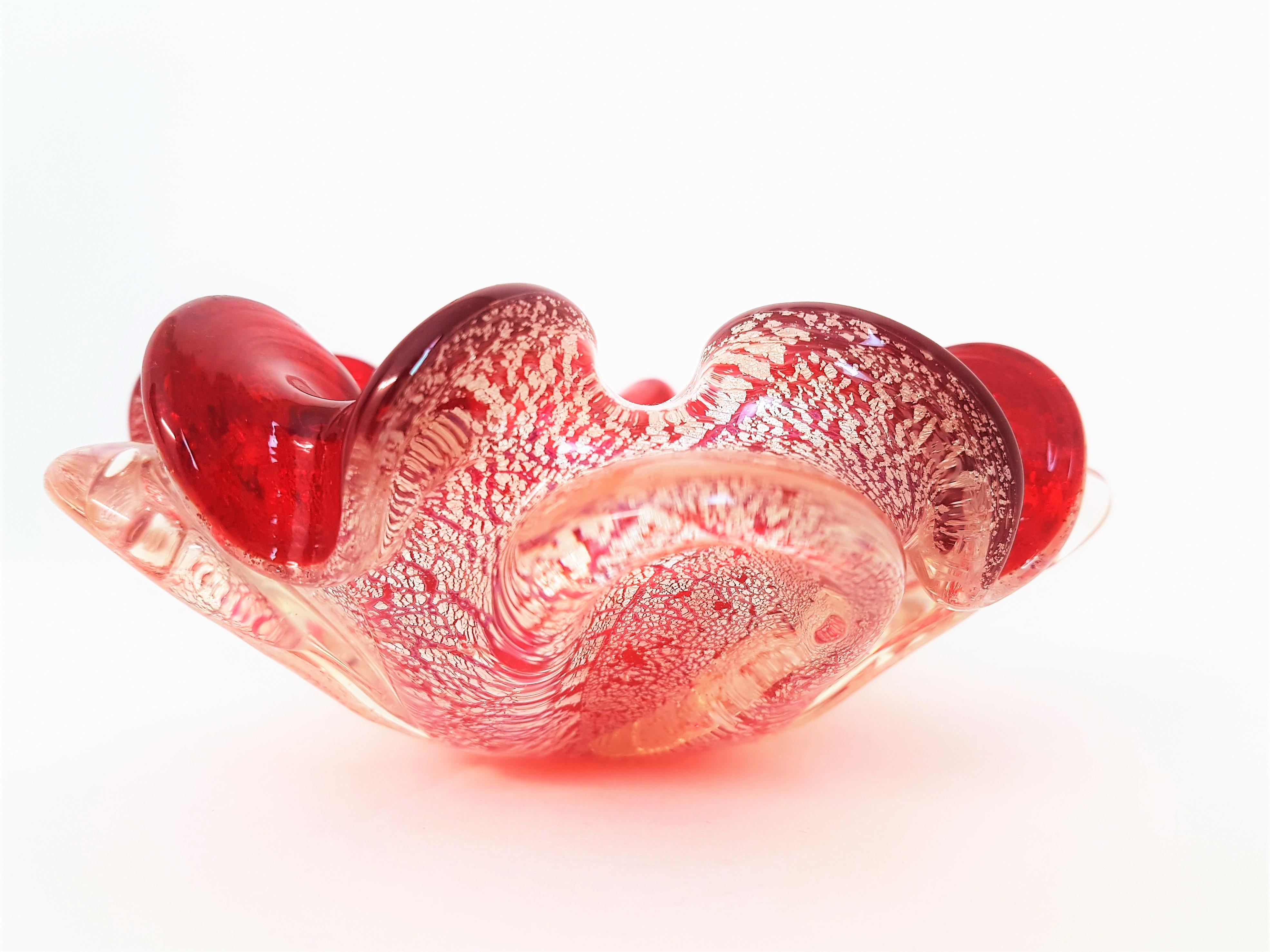 Mid-Century Modern Murano Red and Silver Flecks Art Glass Flower Bowl / Ashtray For Sale