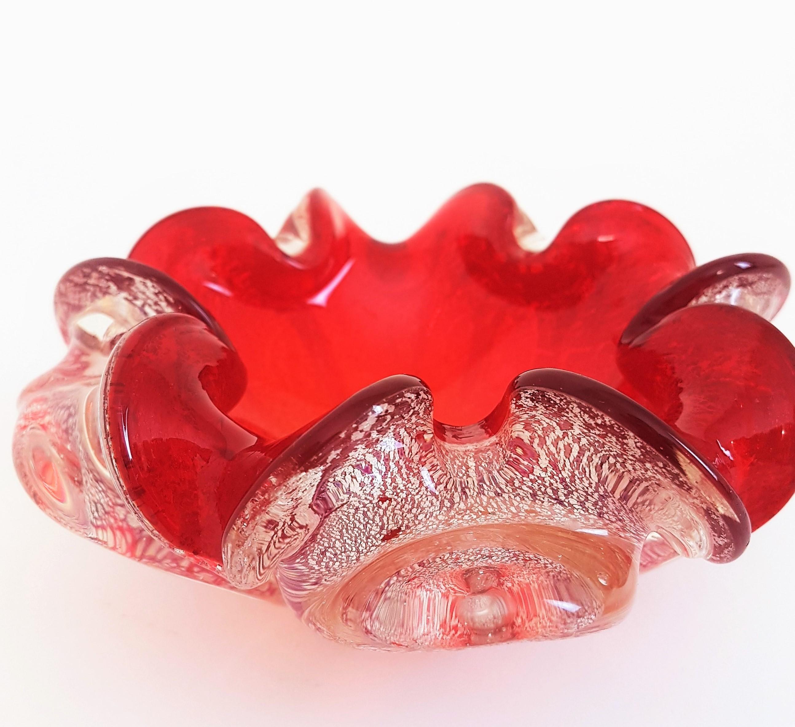 Italian Murano Red and Silver Flecks Art Glass Flower Bowl / Ashtray For Sale