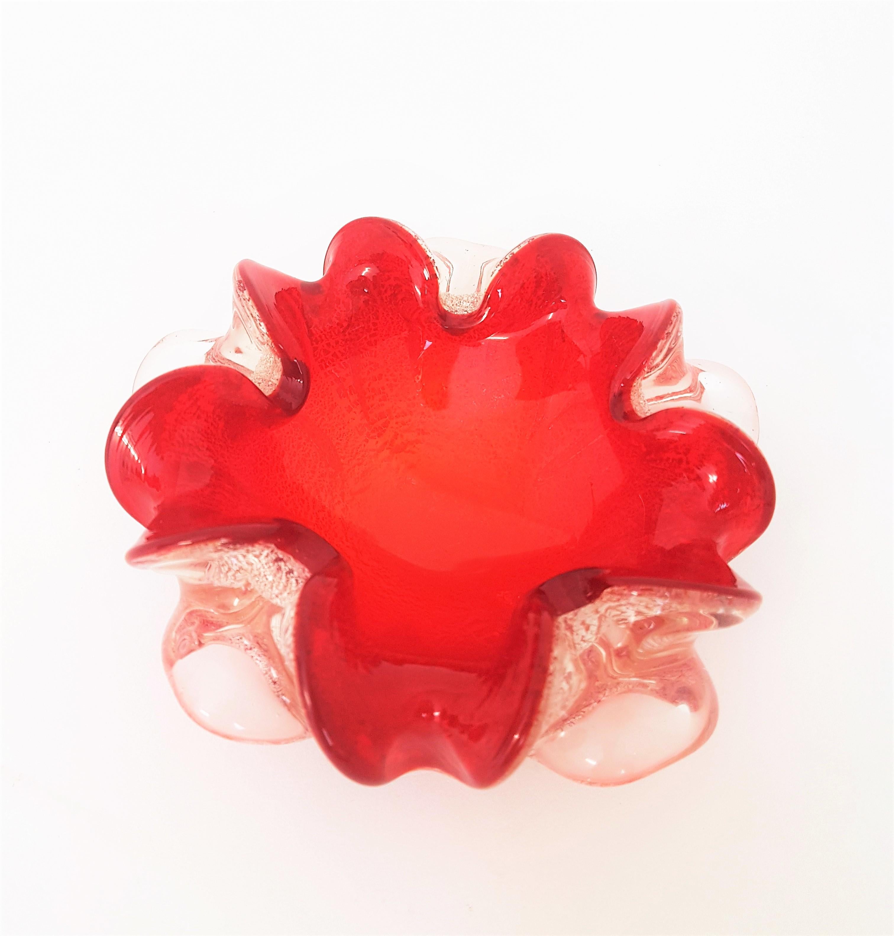 Hand-Crafted Murano Red and Silver Flecks Art Glass Flower Bowl / Ashtray For Sale