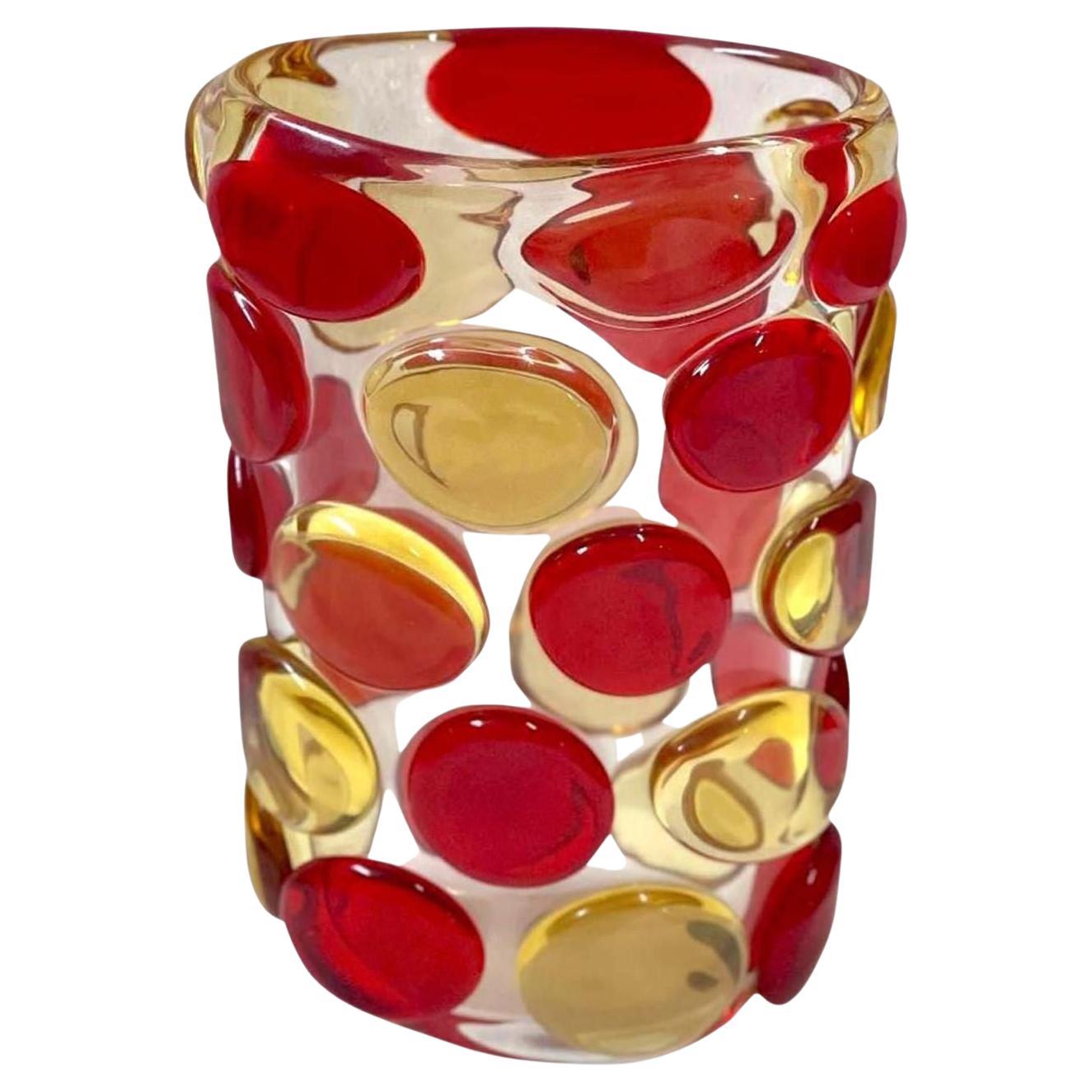Murano-Vase mit rotem und gelbem Knopfleiste von Camozzo