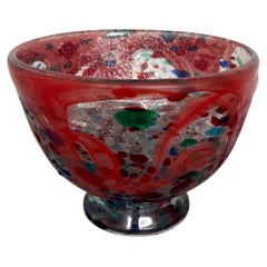 Murano Red Art Glass Bowl with Multicolored Murrine Decoration