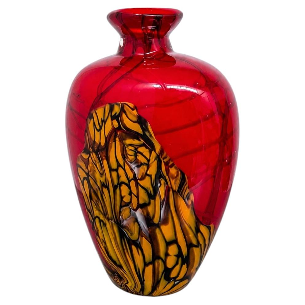 Murano Red Art Glass Vase with Amber and Black Abstract Design For Sale
