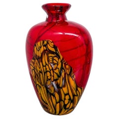 Vase en verre d'art rouge de Murano avec décor abstrait ambré et noir