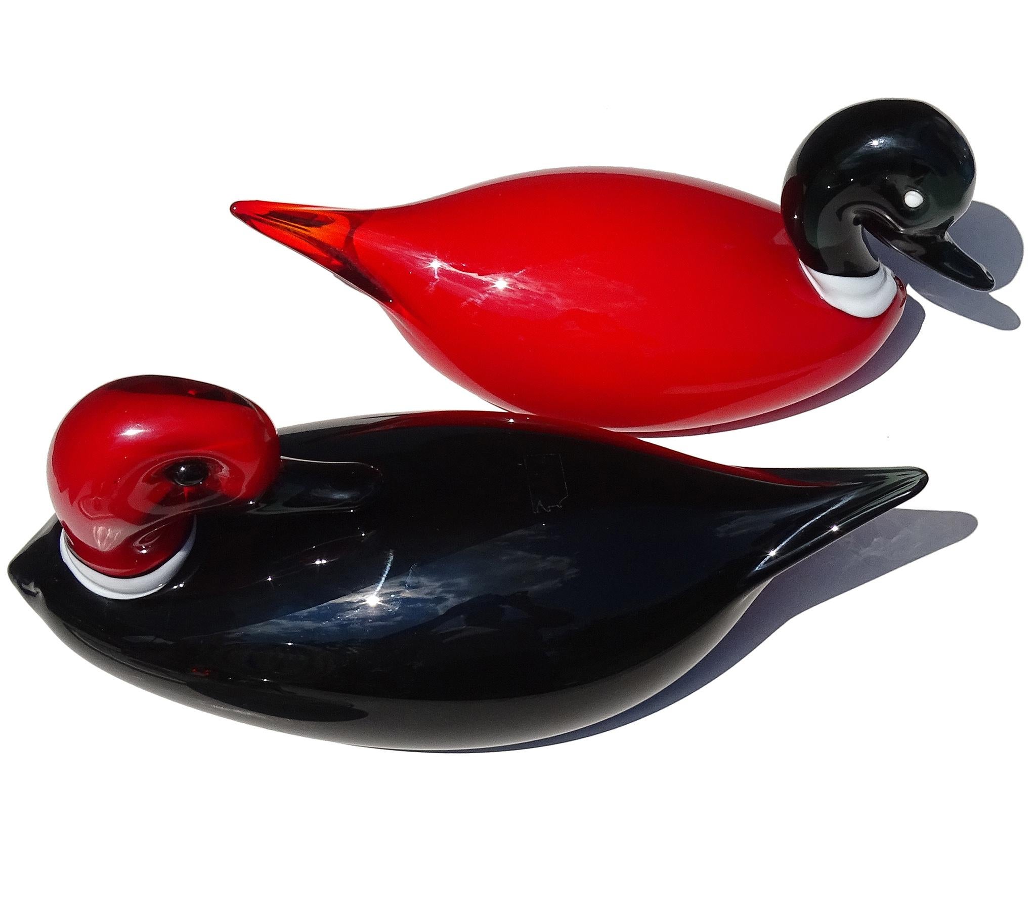 Hand-Crafted Murano Red Black White Italian Art Glass Male Female Decoy Duck Bird Sculptures For Sale