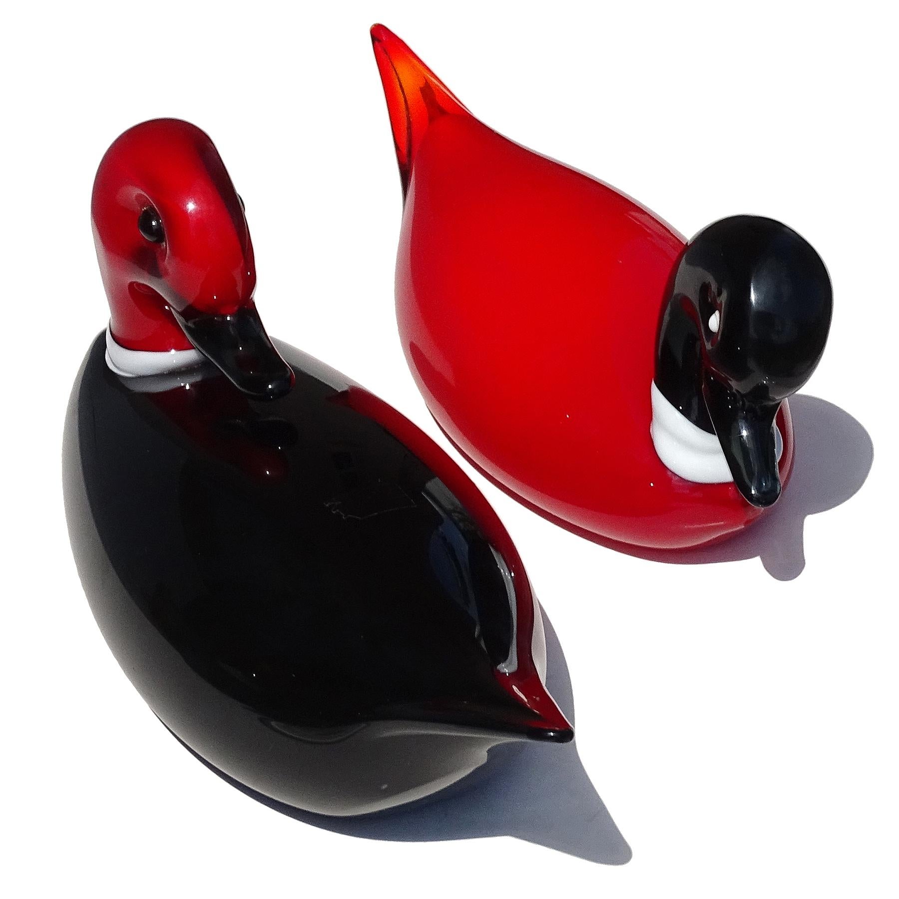 20th Century Murano Red Black White Italian Art Glass Male Female Decoy Duck Bird Sculptures For Sale