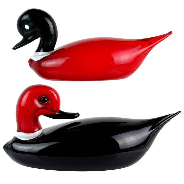 Murano Red Black White Italian Art Glass Male Female Decoy Duck Bird Sculptures For Sale