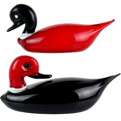 Murano Red Black White Italian Art Glass Male Female Decoy Duck Bird Sculptures