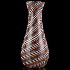 Murano Red Blue Green White Swirl Ribbons Italian Art Glass Flower Vase