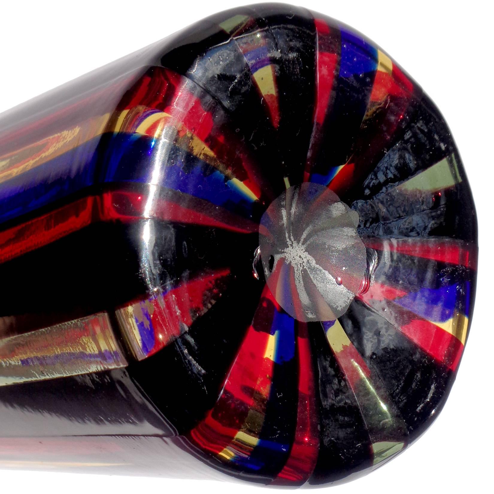 Hand-Crafted Murano Red Blue Yellow Black Gray Bands Italian Art Glass Fazzoletto Flower Vase For Sale