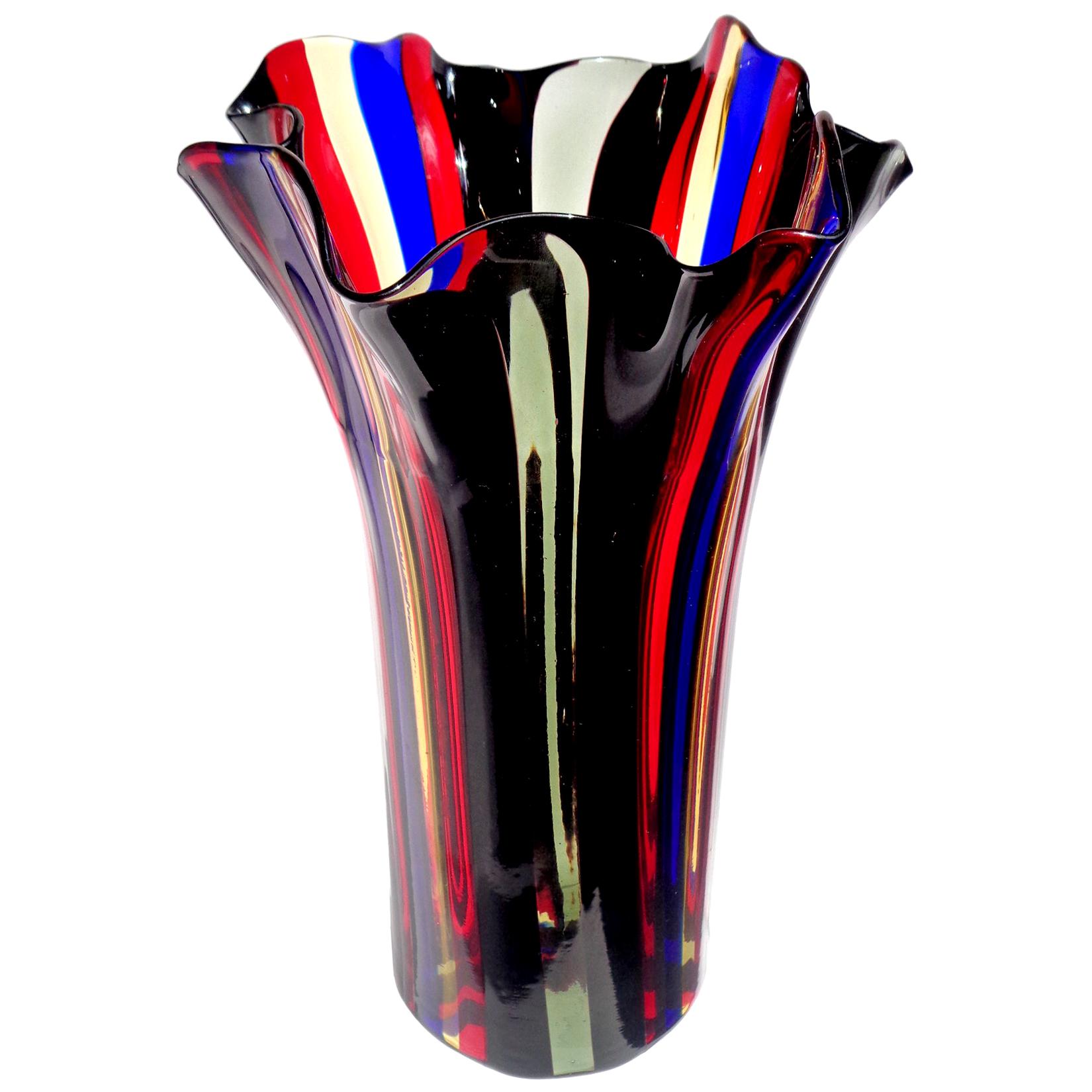 Murano Red Blue Yellow Black Gray Bands Italian Art Glass Fazzoletto Flower Vase