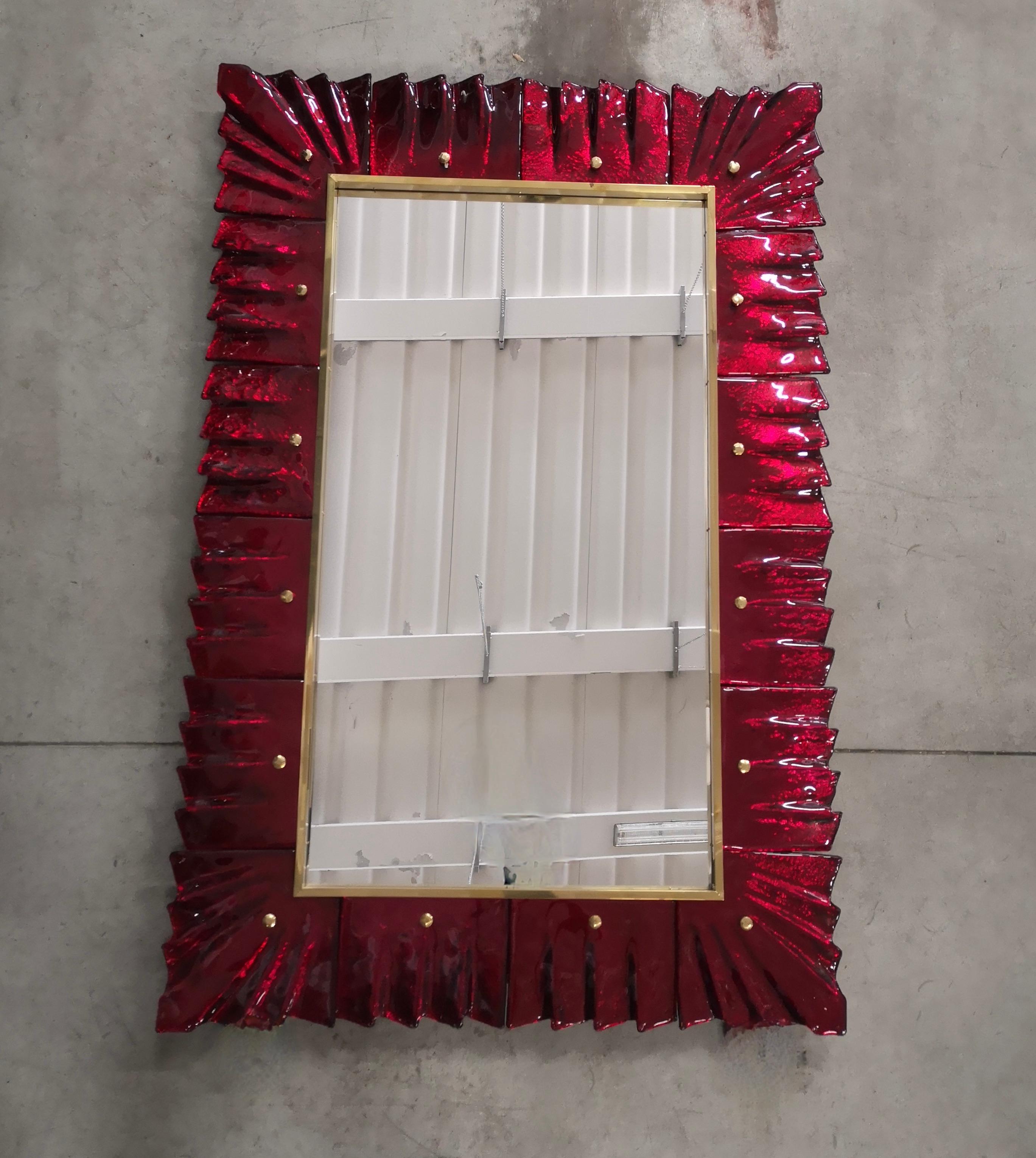 Murano Red Color Glass and Brass Mid-Century Wall Mirror, 2000 For Sale 2