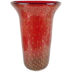 Murano Red Controlled Bubbles Gold Flecks Italian Art Glass Flower Vase