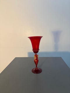 Murano Red Decorative Glass Goblet with an Ornate Stem