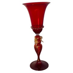 Murano Red Decorative Glass Goblet with an Ornate Stem