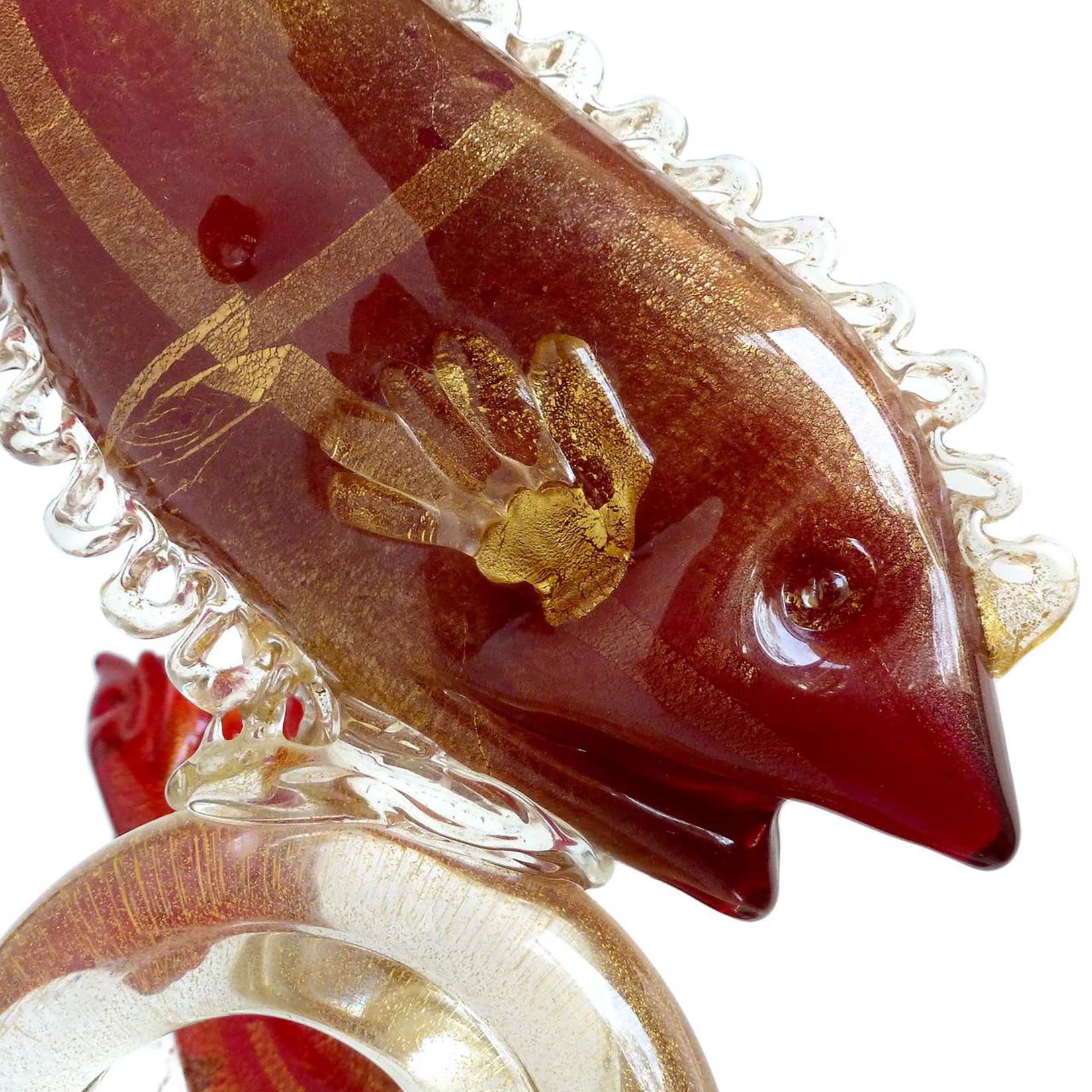 Peces rojos de Murano Flor de oro Zarcillo de coral Escultura italiana de vidrio artístico para centro de mesa Italiano en venta