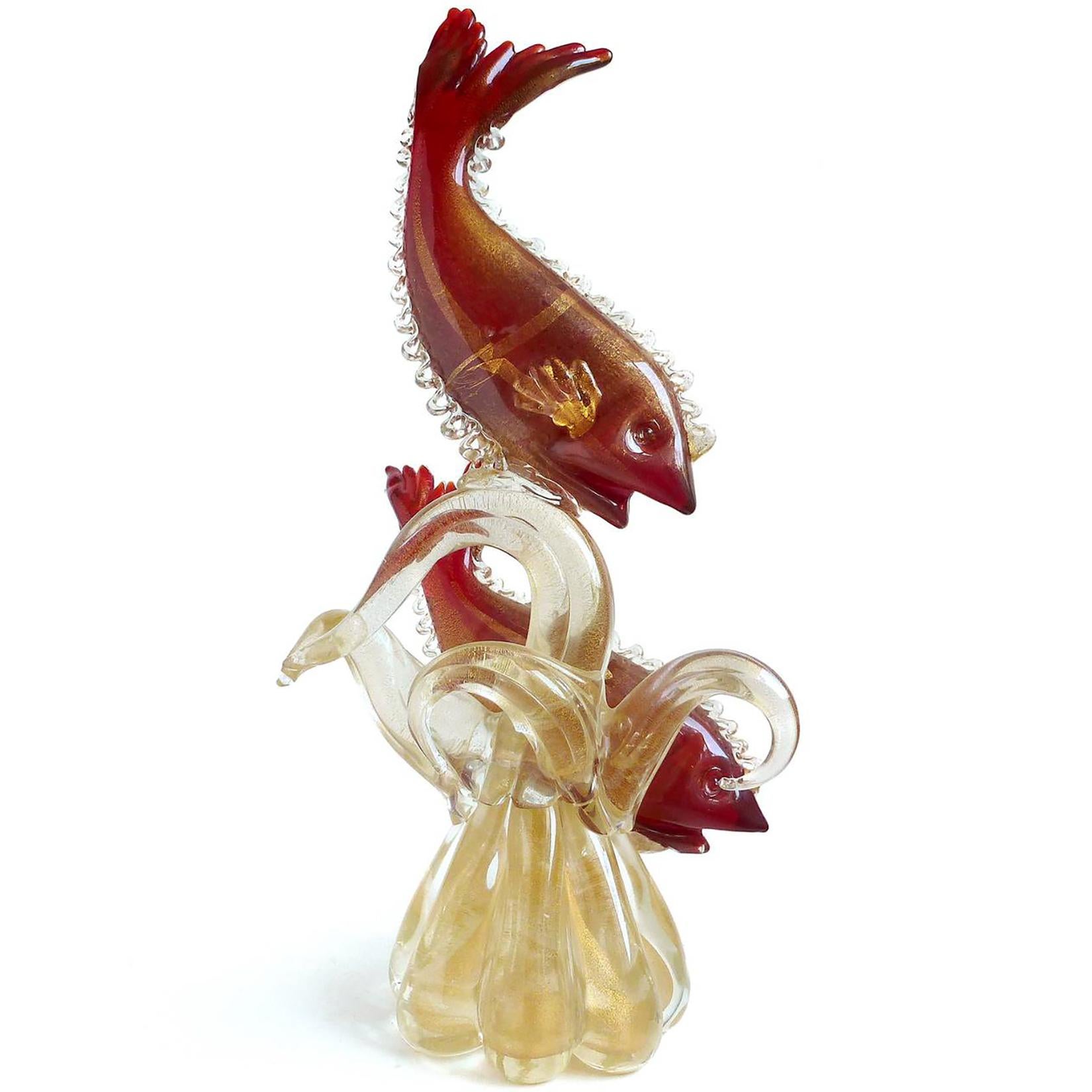 Peces rojos de Murano Flor de oro Zarcillo de coral Escultura italiana de vidrio artístico para centro de mesa Hecho a mano en venta