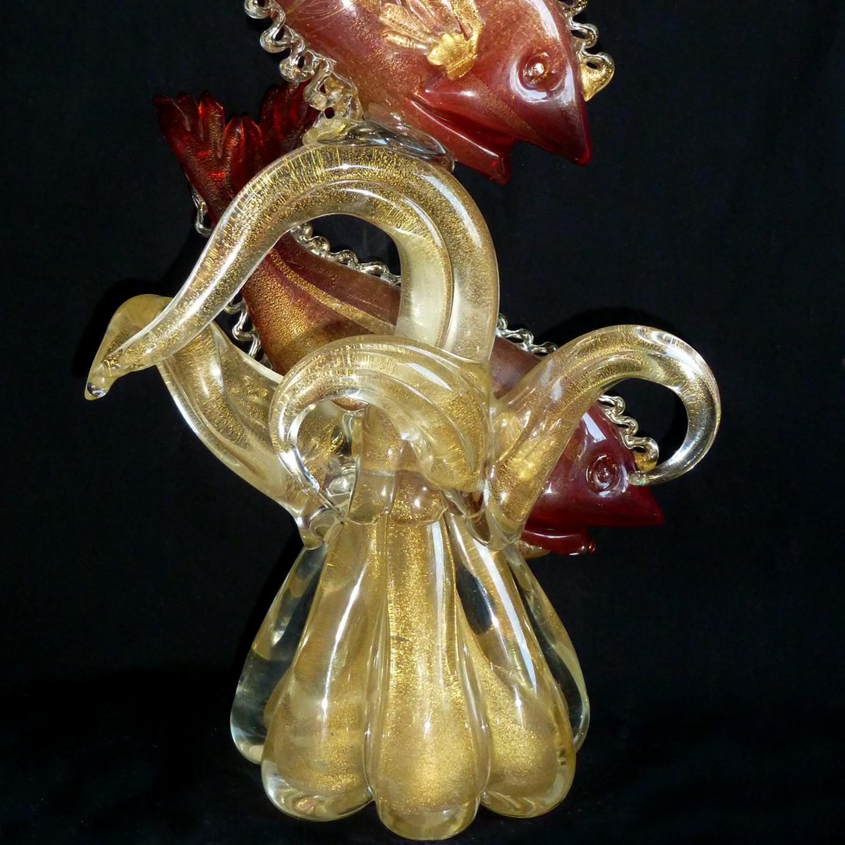 Peces rojos de Murano Flor de oro Zarcillo de coral Escultura italiana de vidrio artístico para centro de mesa en Bueno estado para la venta en Kissimmee, FL