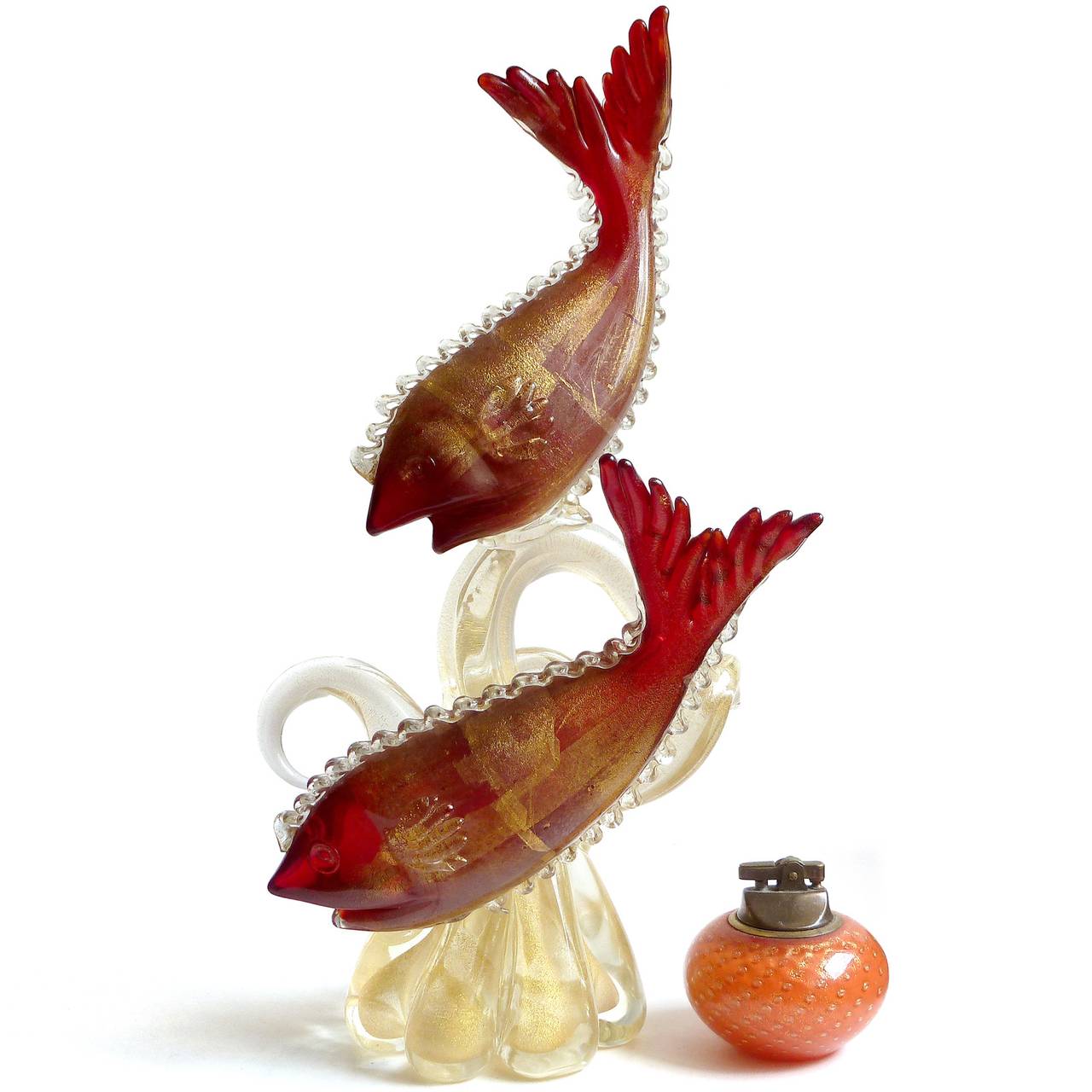 Gorgeous, vintage Murano hand blown red fish with gold flecks, attached to a large coral structure with tendrils Italian art glass sculpture. Created in the manner of designers Alfredo Barbini and Archimede Seguso. The piece has 2 very large fish