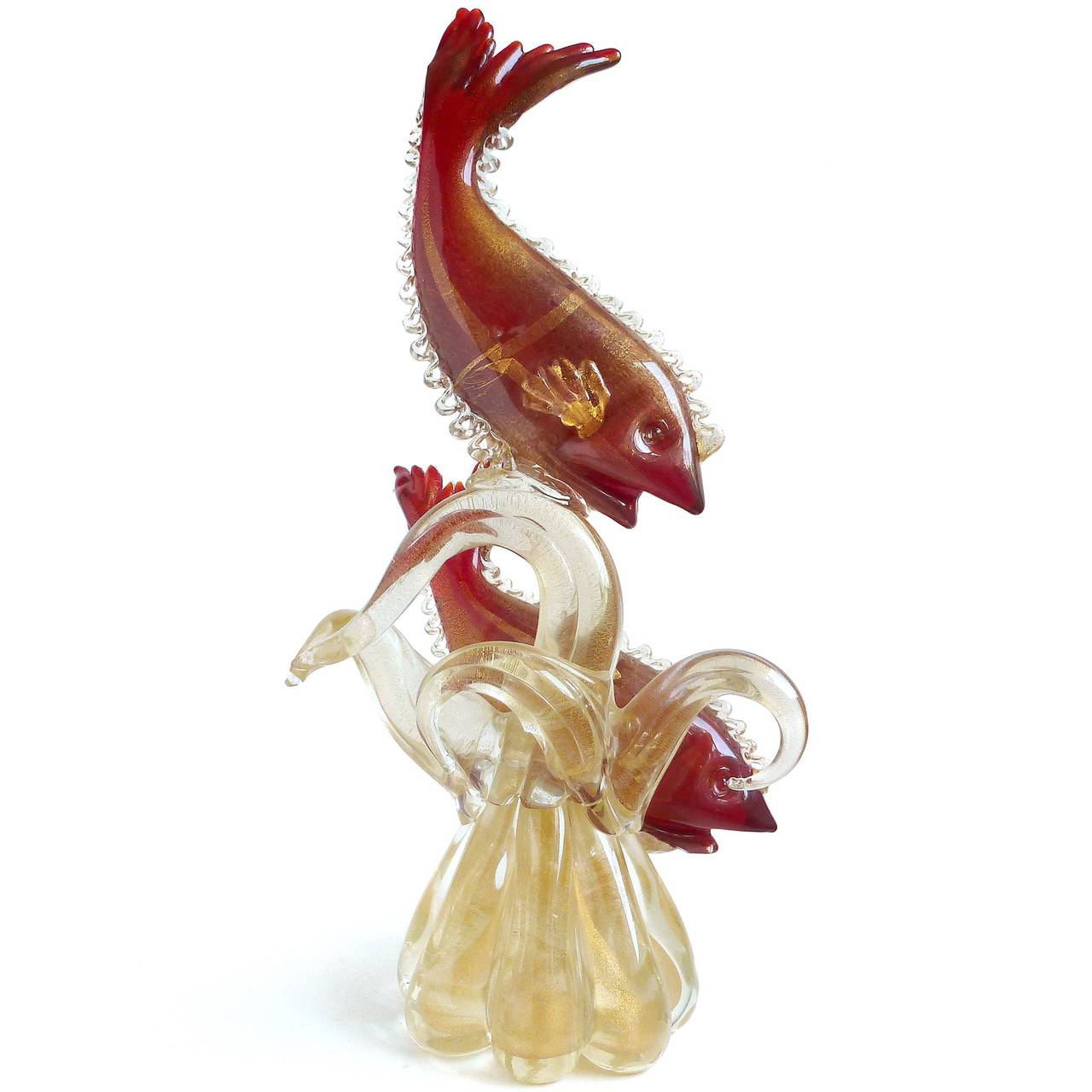 Mid-Century Modern Murano Red Fish Gold Fleck Coral Tendril Italian Art Glass Centerpiece Sculpture For Sale