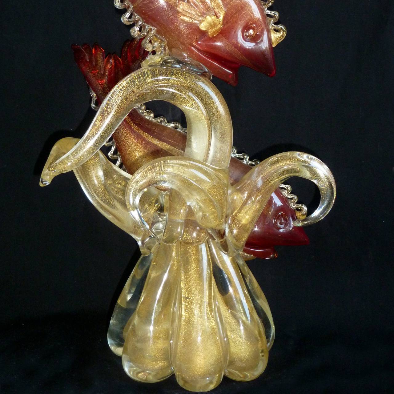 20th Century Murano Red Fish Gold Fleck Coral Tendril Italian Art Glass Centerpiece Sculpture For Sale