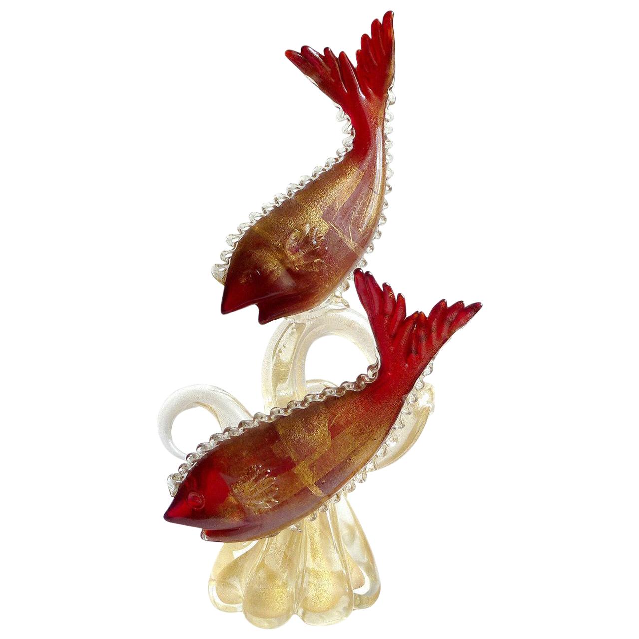 Murano Red Fish Gold Fleck Coral Tendril Italian Art Glass Centerpiece Sculpture For Sale