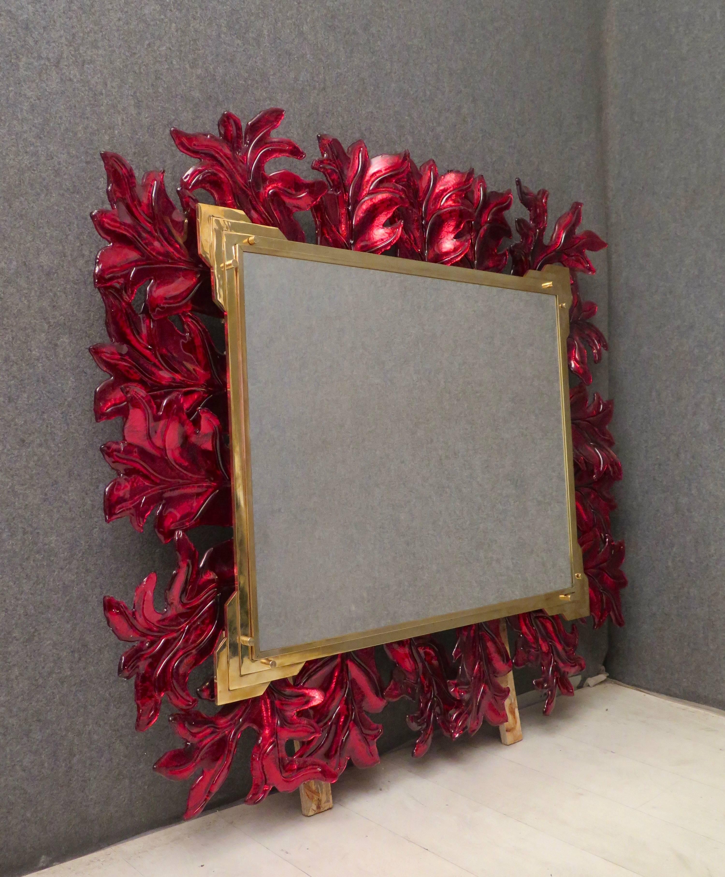 Murano Red Glass and Brass Midcentury Mirror, 1970 3