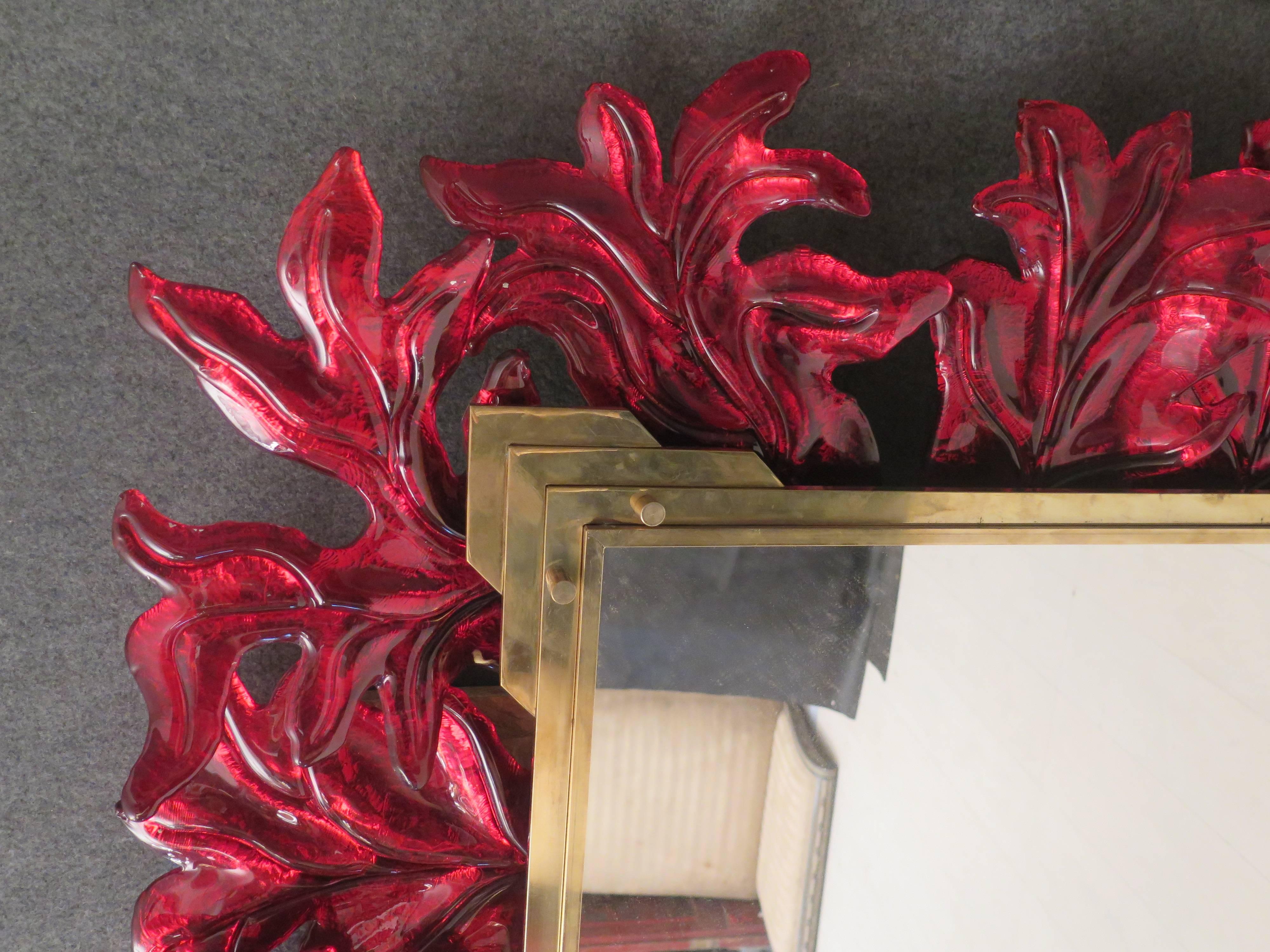 Murano Red Glass and Brass Midcentury Mirror, 1970 4