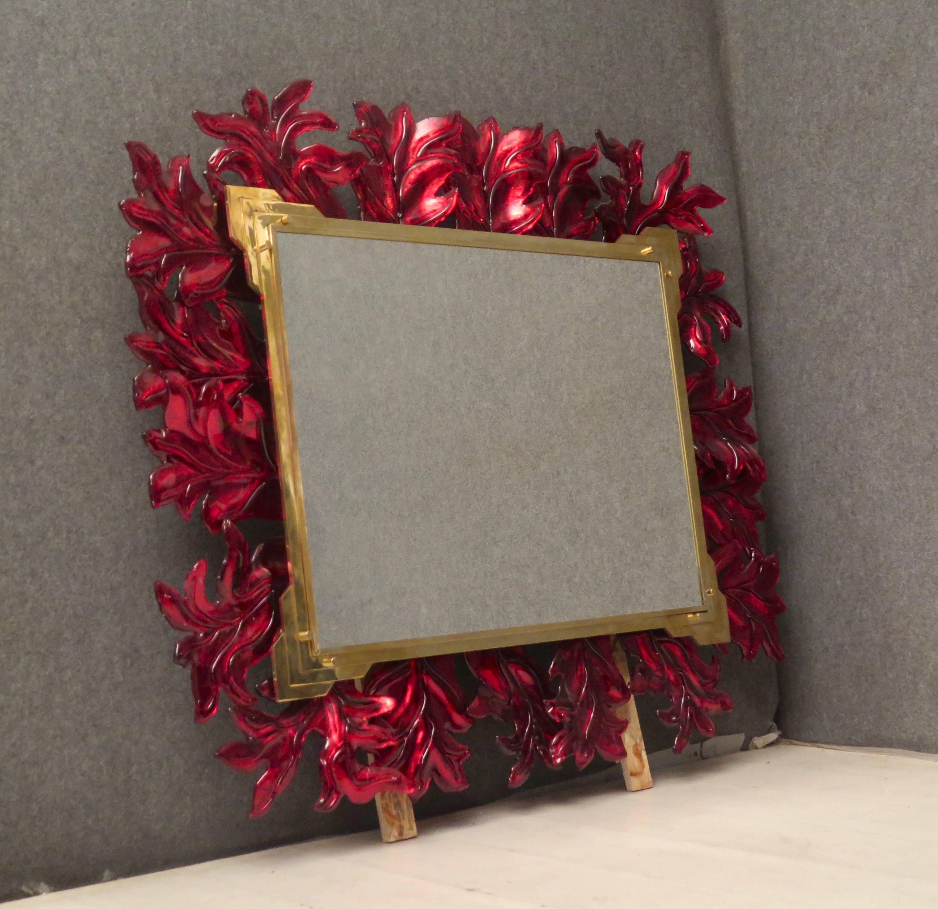 Murano Red Glass and Brass Midcentury Mirror, 1970 5