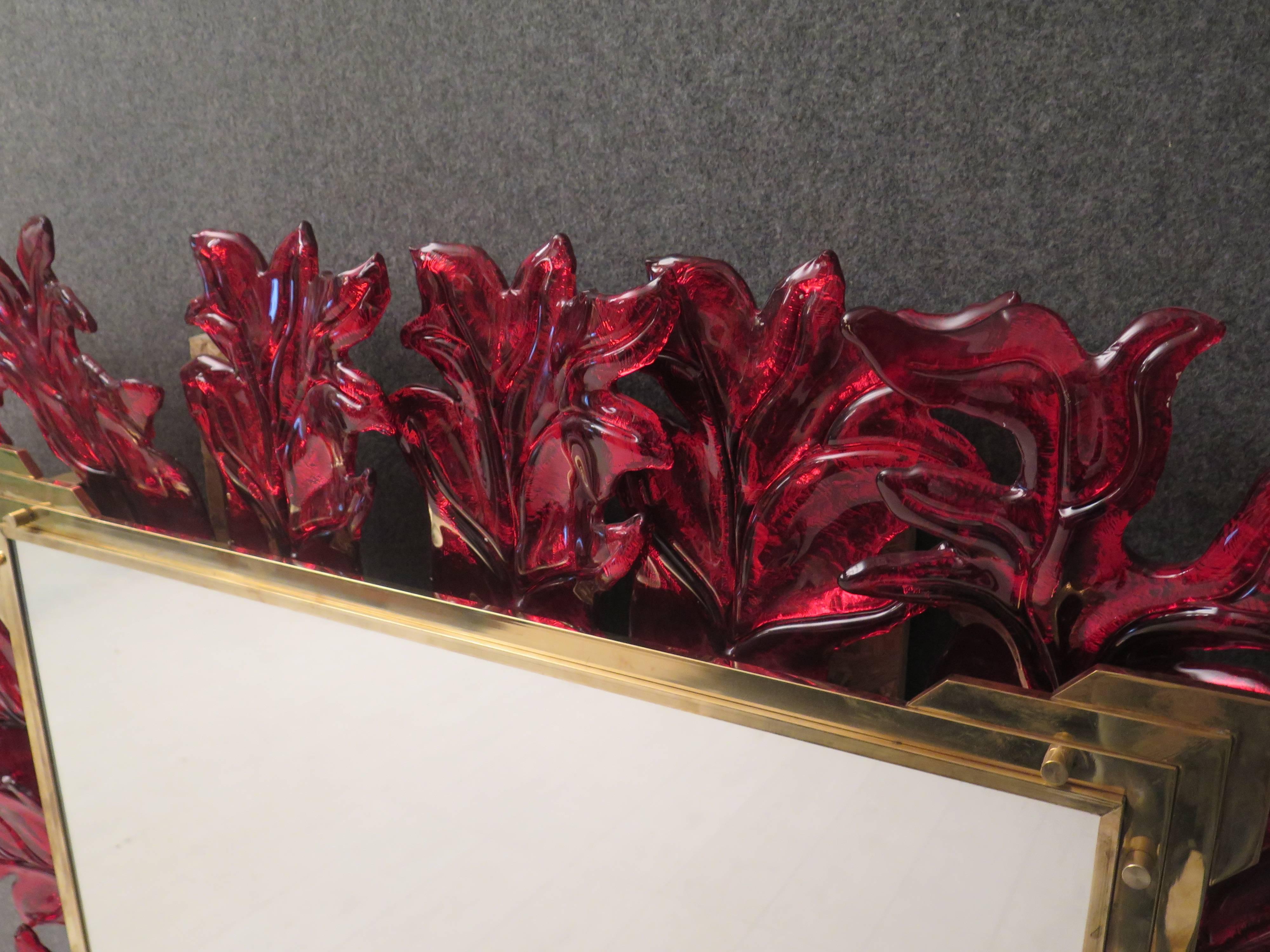 Murano Red Glass and Brass Midcentury Mirror, 1970 8