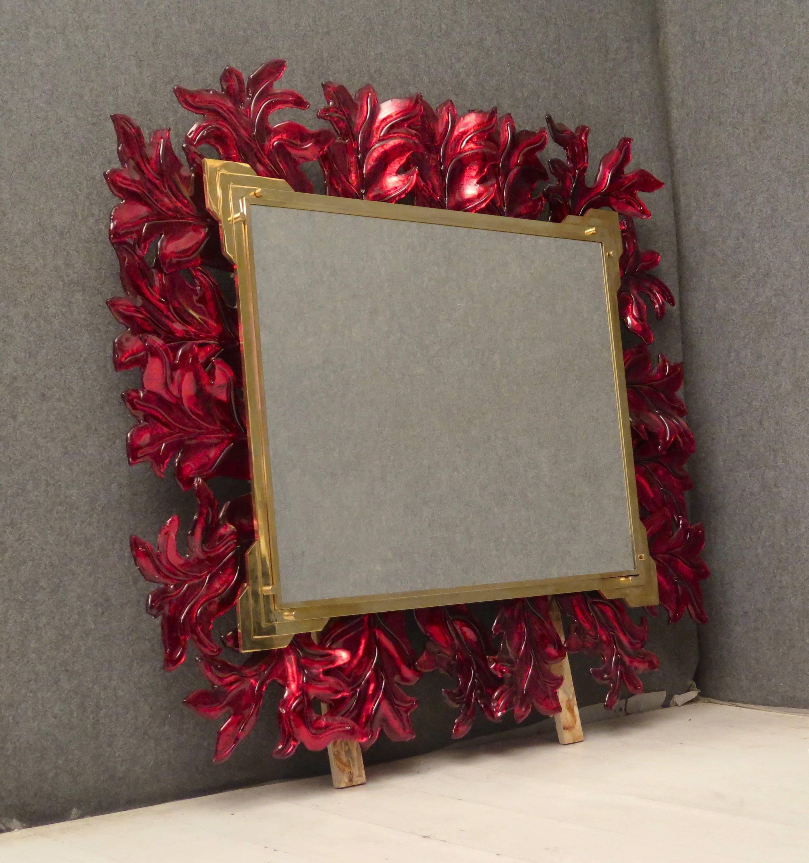 Murano Red Glass and Brass Midcentury Mirror, 1970 12