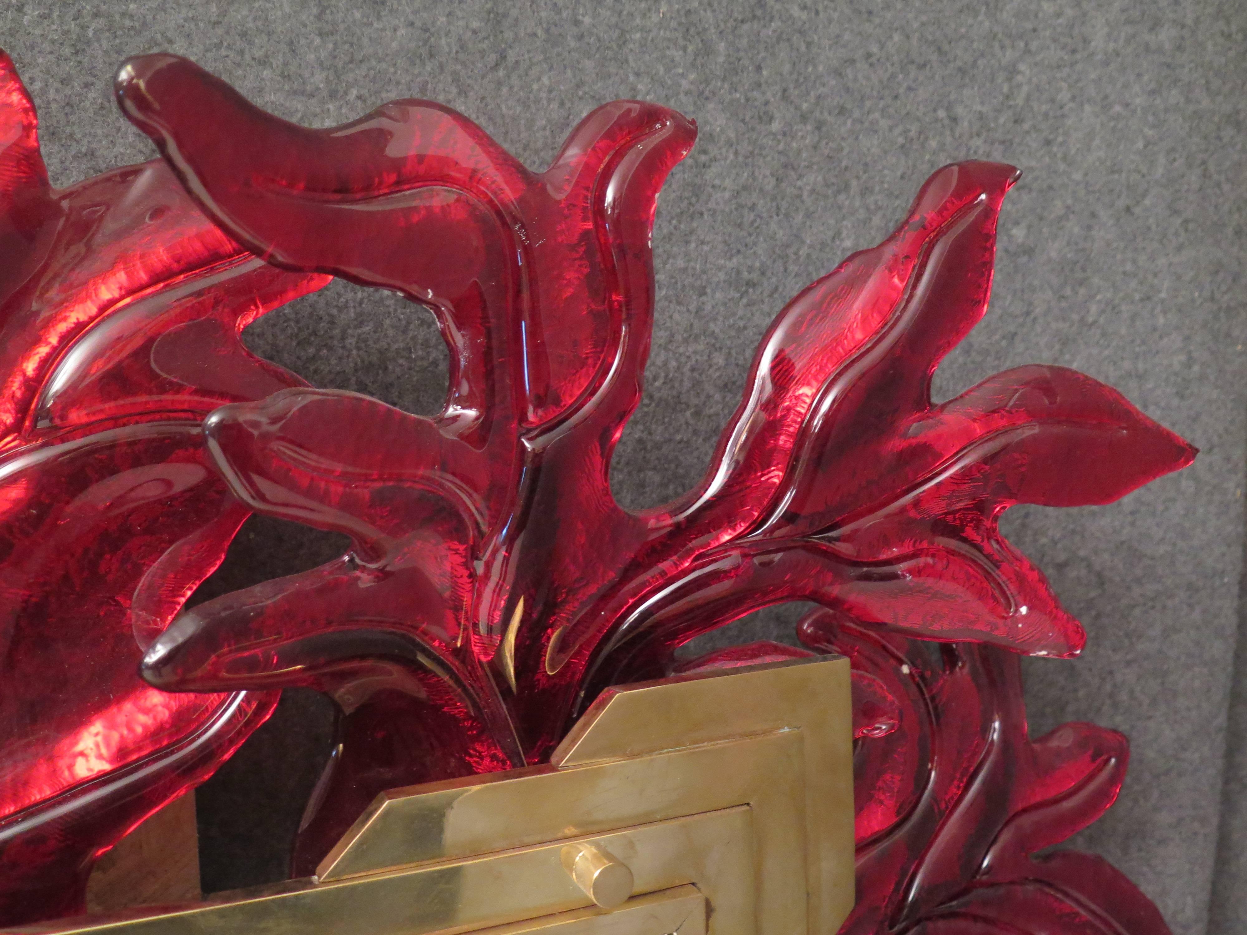 Mid-Century Modern Murano Red Glass and Brass Midcentury Mirror, 1970