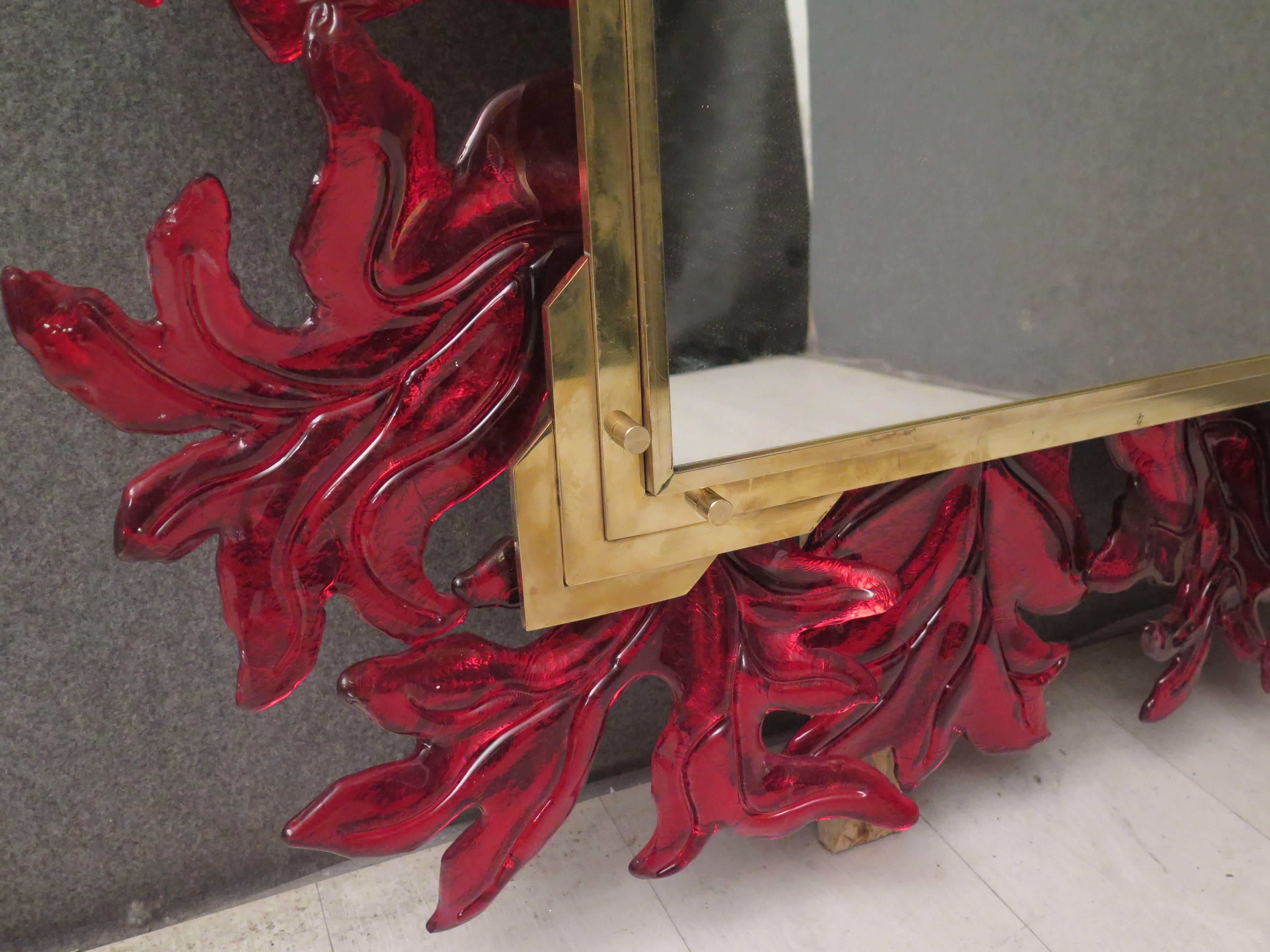 Italian Murano Red Glass and Brass Midcentury Mirror, 1970