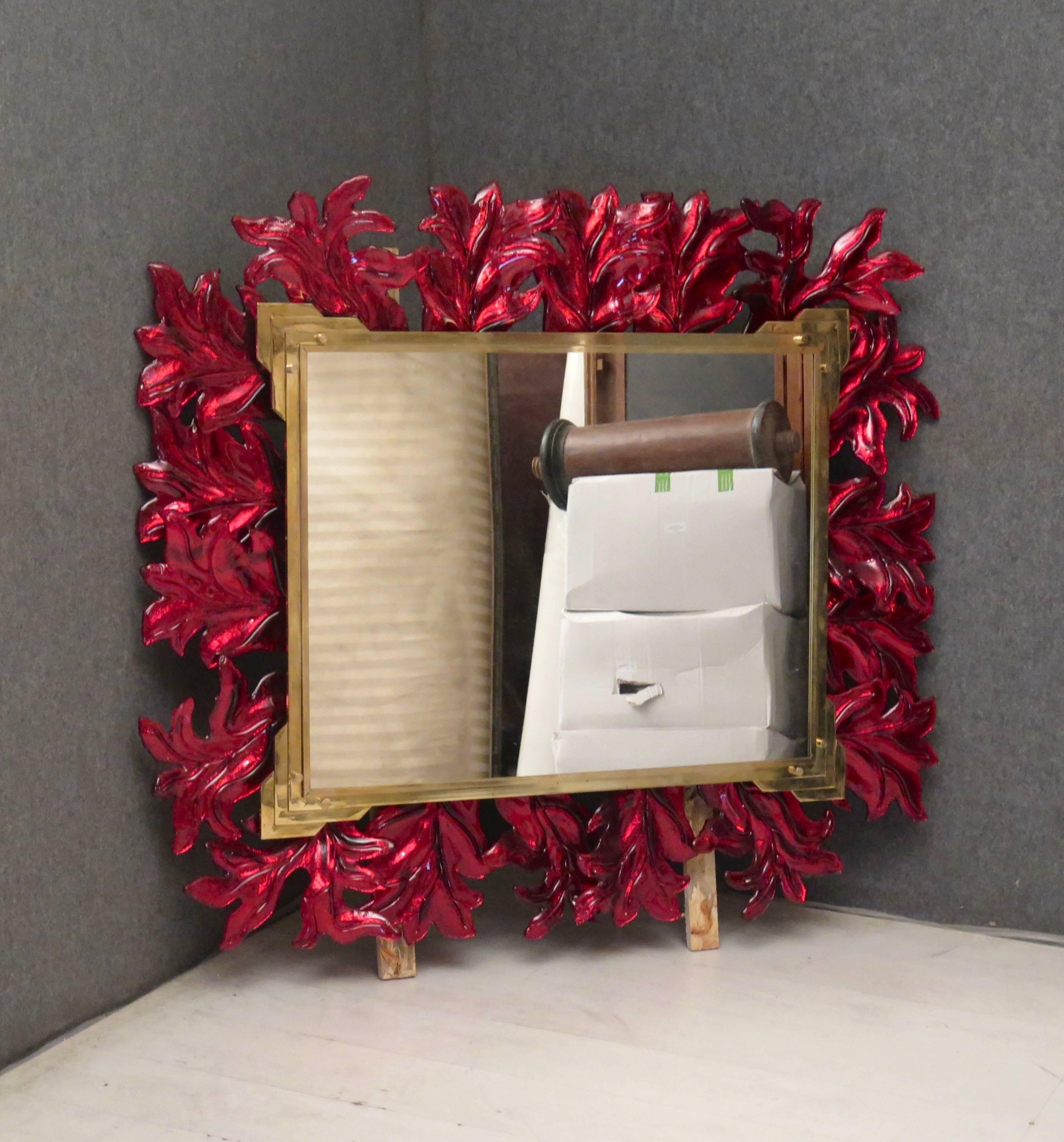 Murano Red Glass and Brass Midcentury Mirror, 1970 In Excellent Condition In Rome, IT