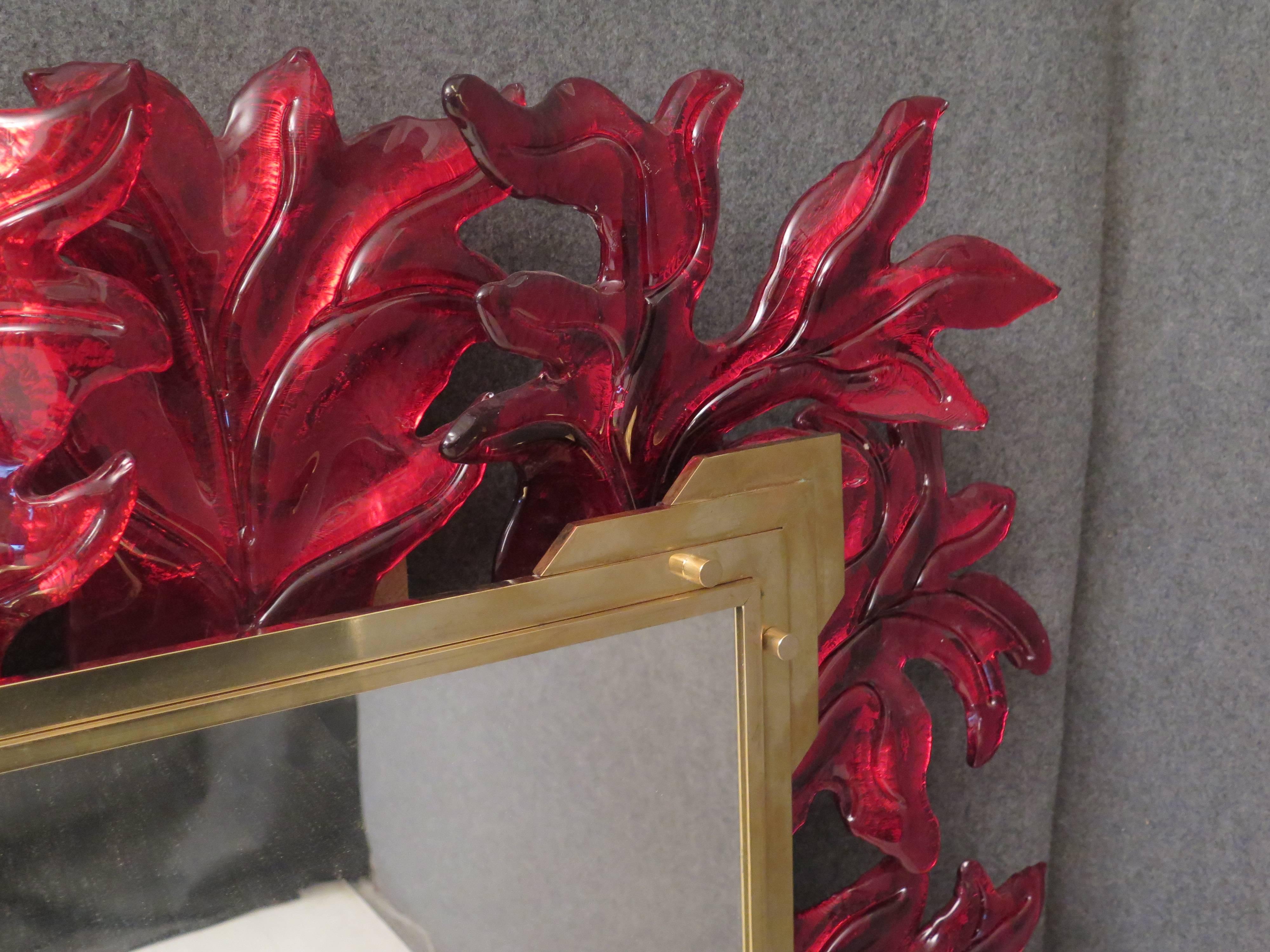 Murano Red Glass and Brass Midcentury Mirror, 1970 2