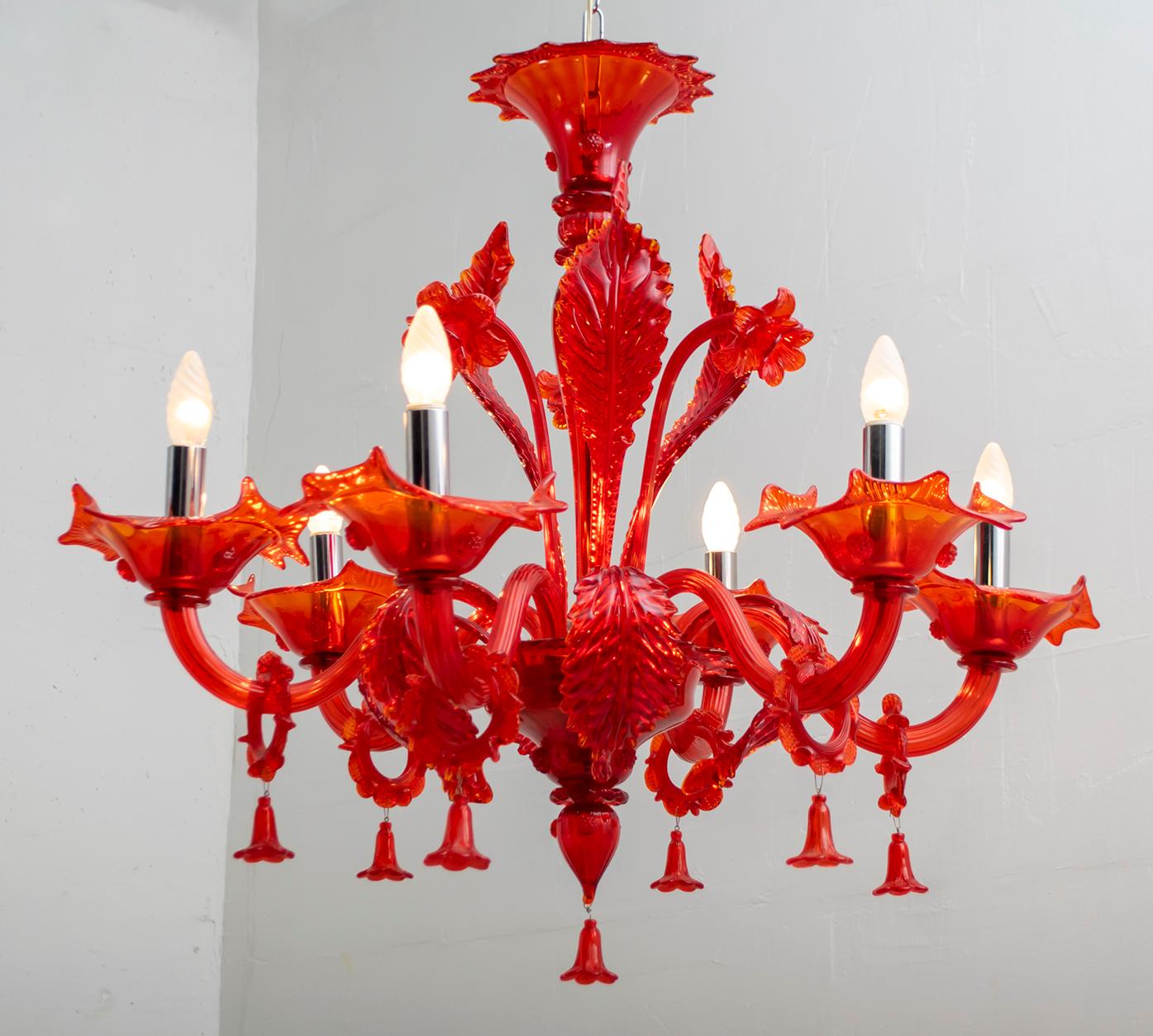 Post-Modern Murano Red Glass Chandelier by Sylcom, 1987