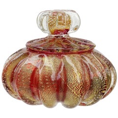 Murano Red Gold Flecks Bullicante Bubbles Italian Art Glass Vanity Powder Box