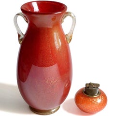 Murano Red Gold Flecks High Gloss Italian Art Glass Double Handles Flower Vase
