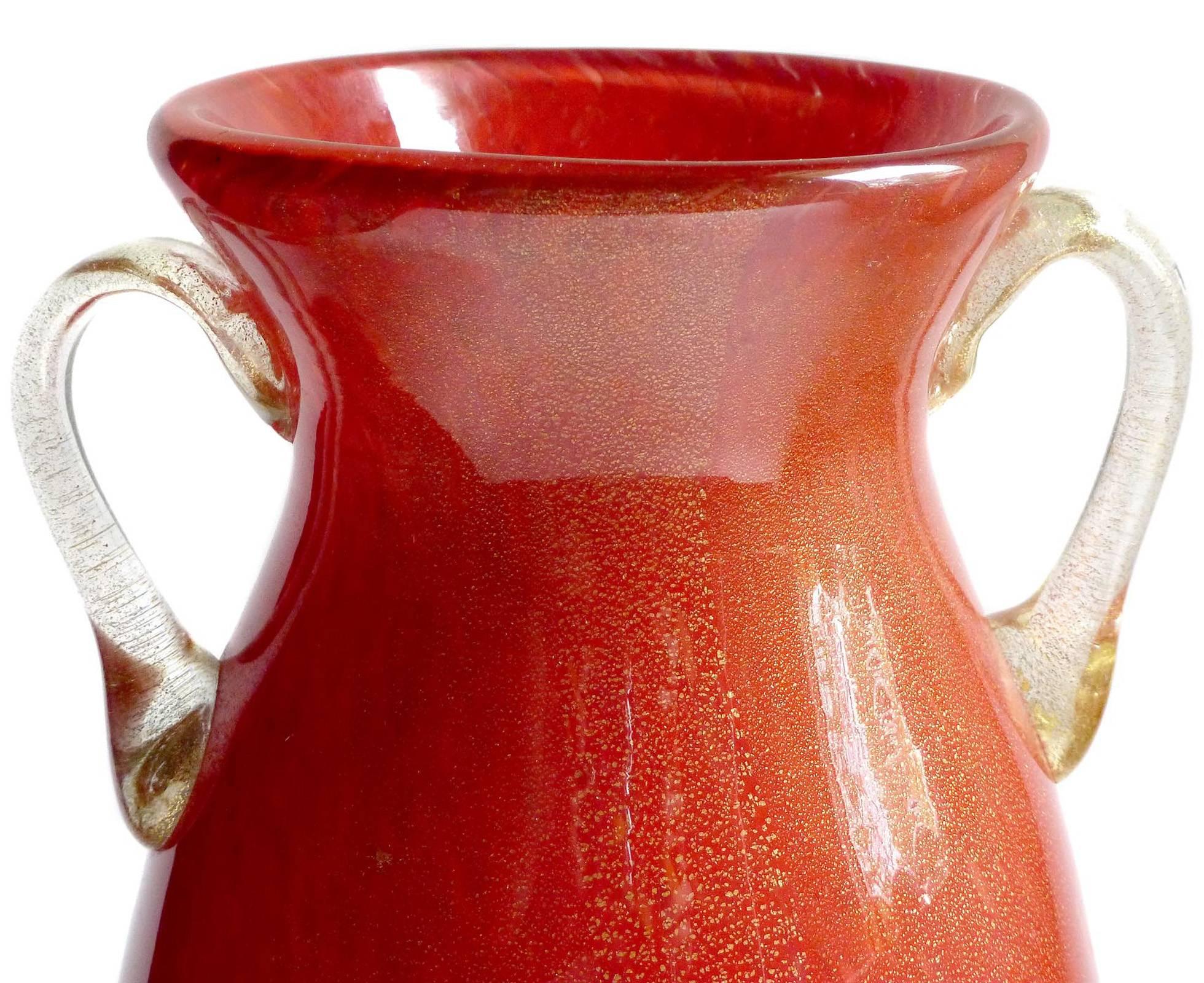 Hand-Crafted Murano Red Gold Flecks High Gloss Italian Art Glass Double Handles Flower Vase