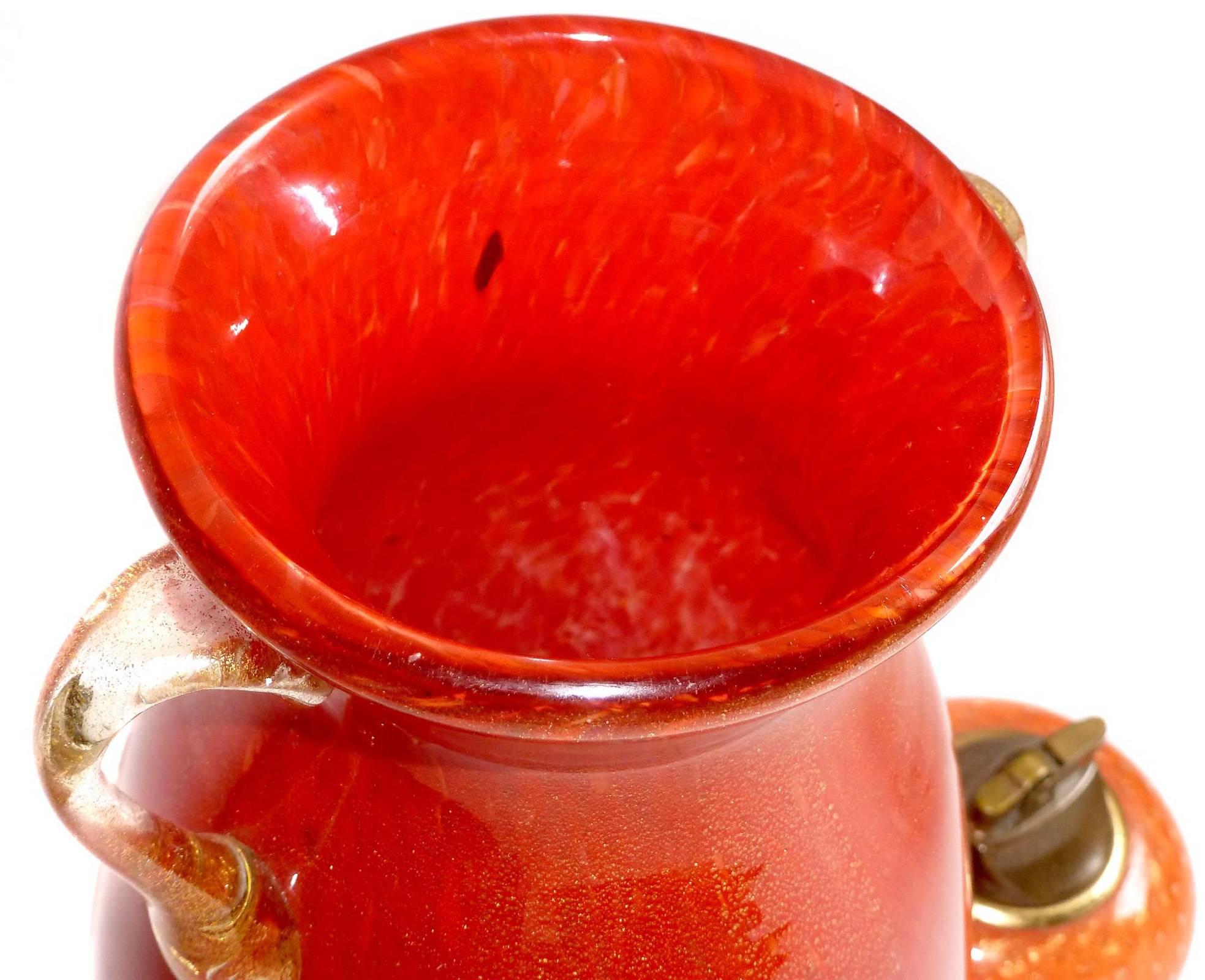 Murano Red Gold Flecks High Gloss Italian Art Glass Double Handles Flower Vase In Good Condition In Kissimmee, FL