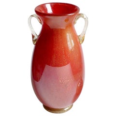 Murano Red Gold Flecks High Gloss Italian Art Glass Double Handles Flower Vase