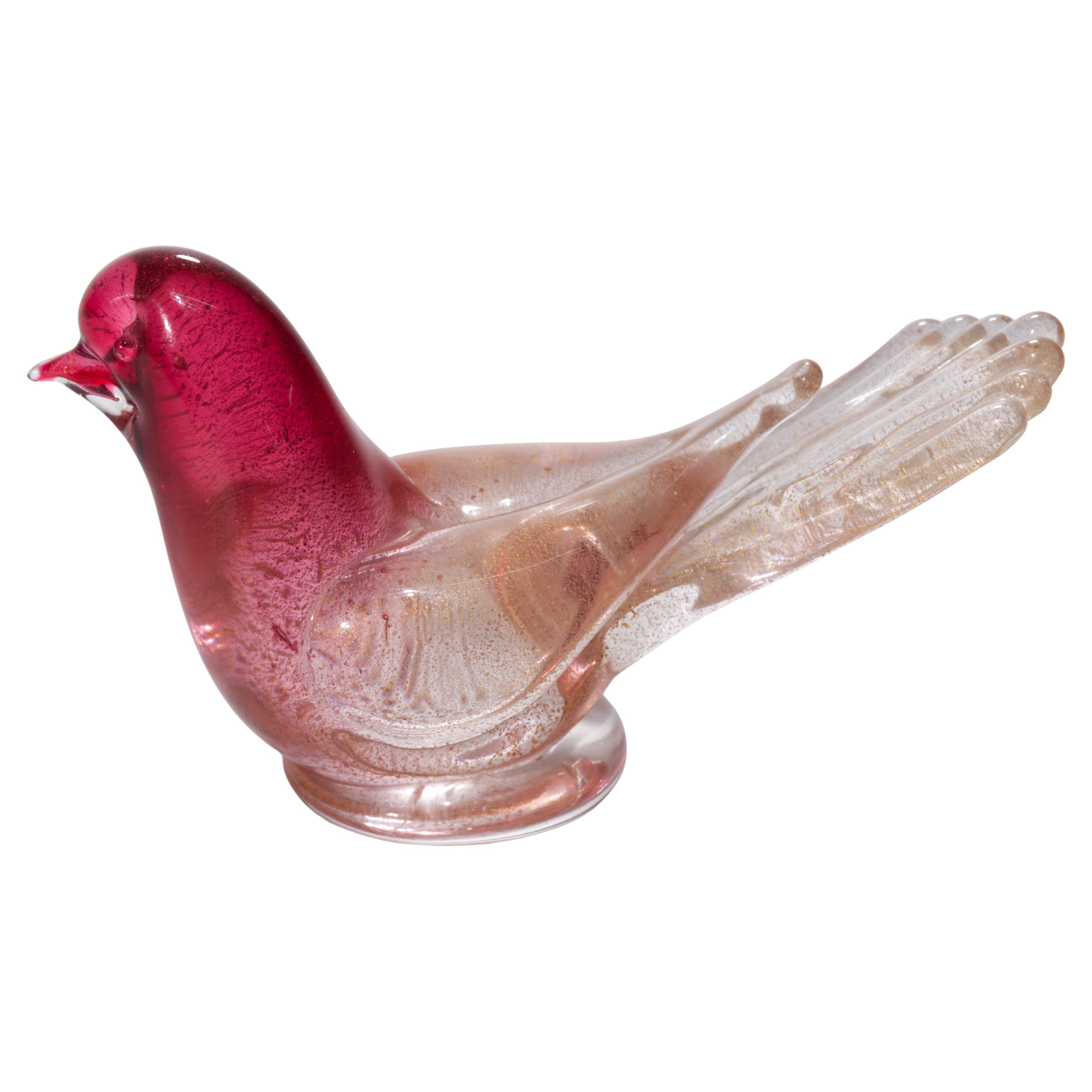 Murano Red Gold Flecks Italian Art Glass Bird Sculpture attr Barbini Labeled