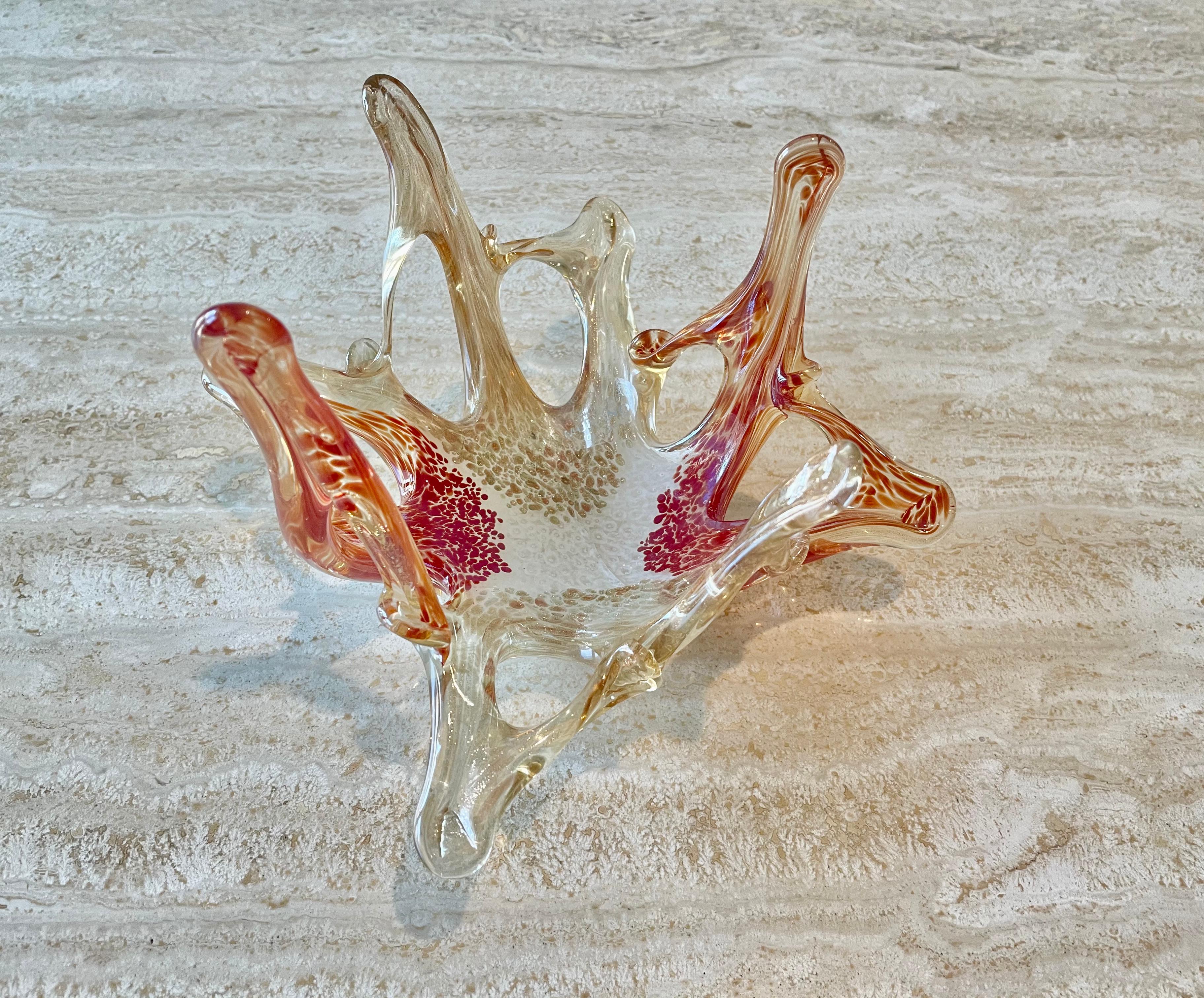 Mid-Century Modern Murano Red and Gold Speckled Catch All Dish For Sale