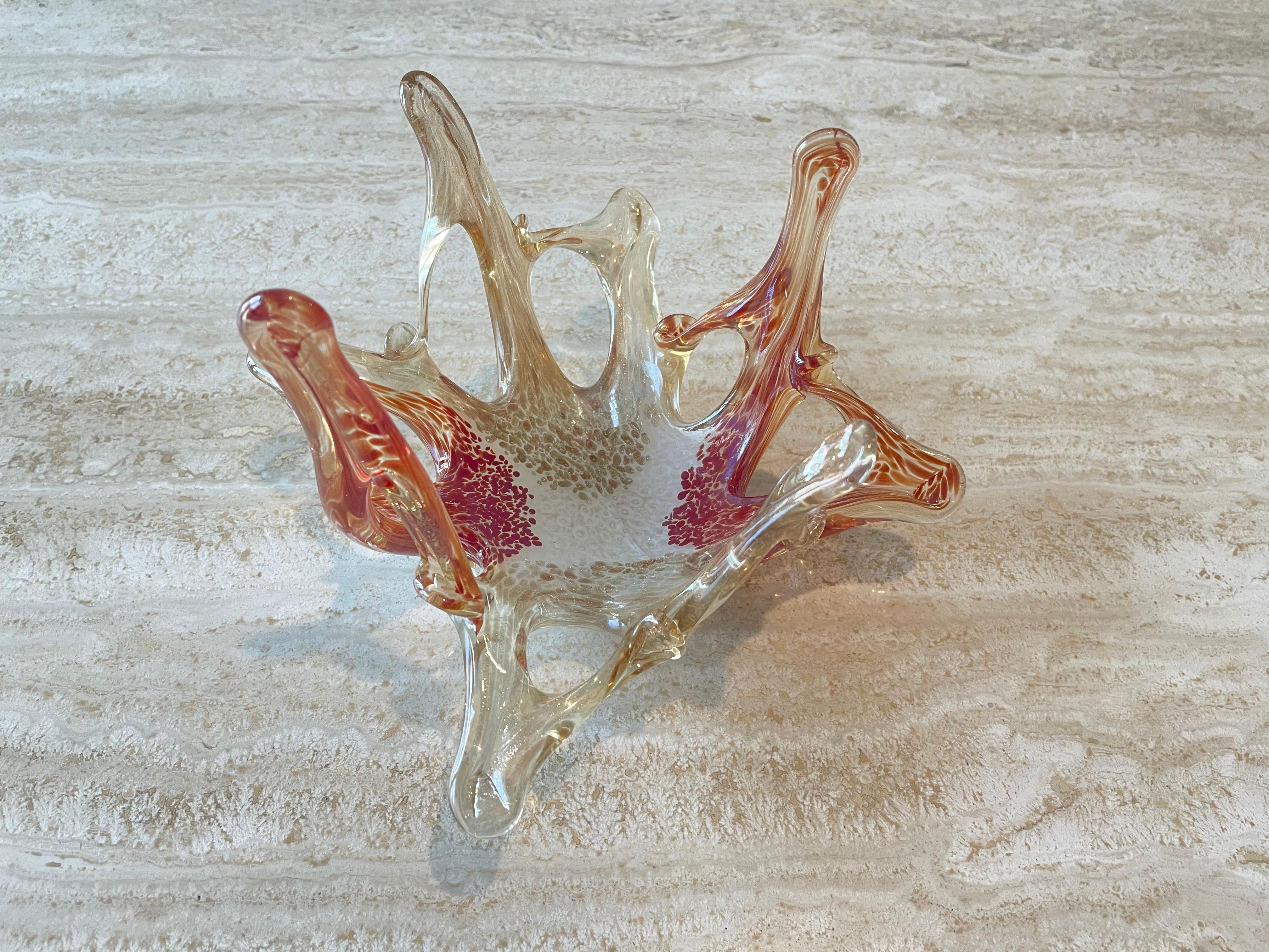 Italian Murano Red and Gold Speckled Catch All Dish For Sale