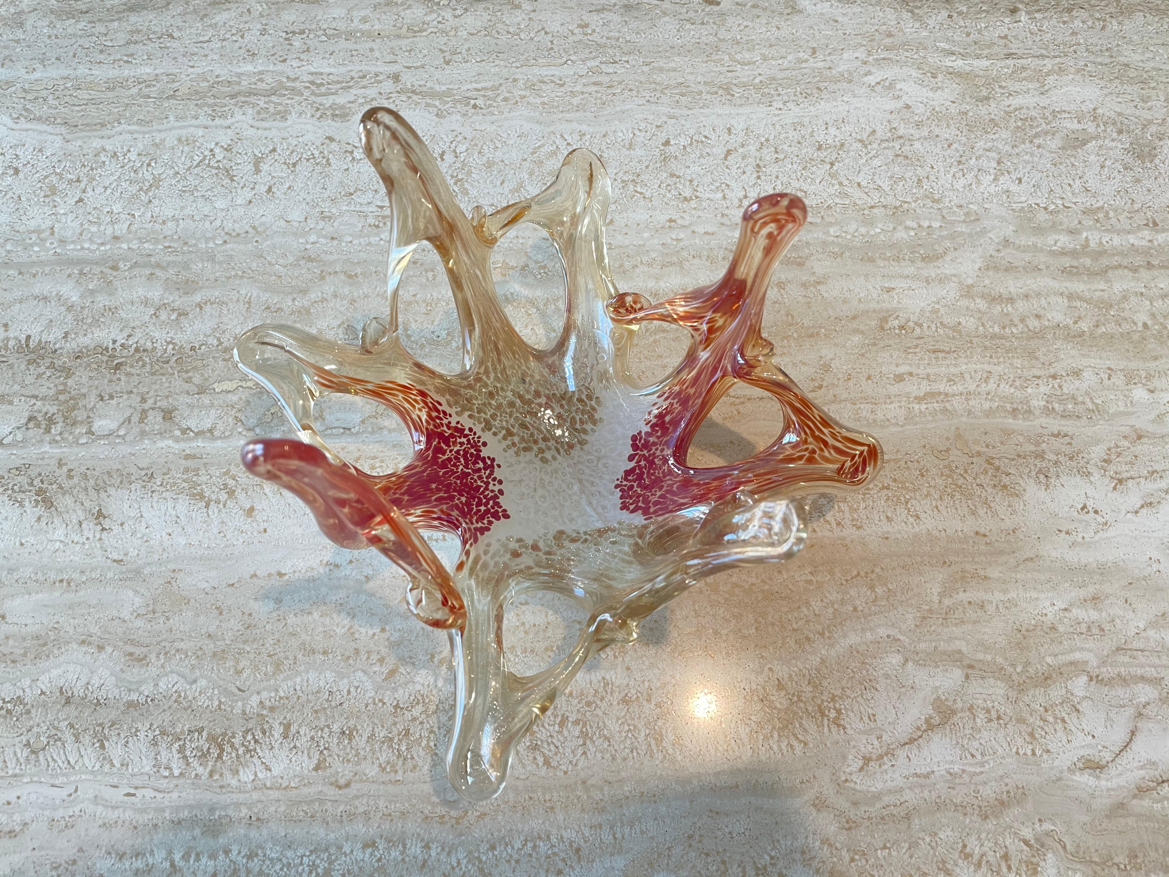 Glass Murano Red and Gold Speckled Catch All Dish For Sale