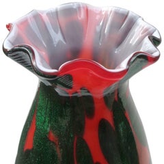 Murano Red Green Aventurine Spots Italian Art Glass Ruffle Rim Flower Vase